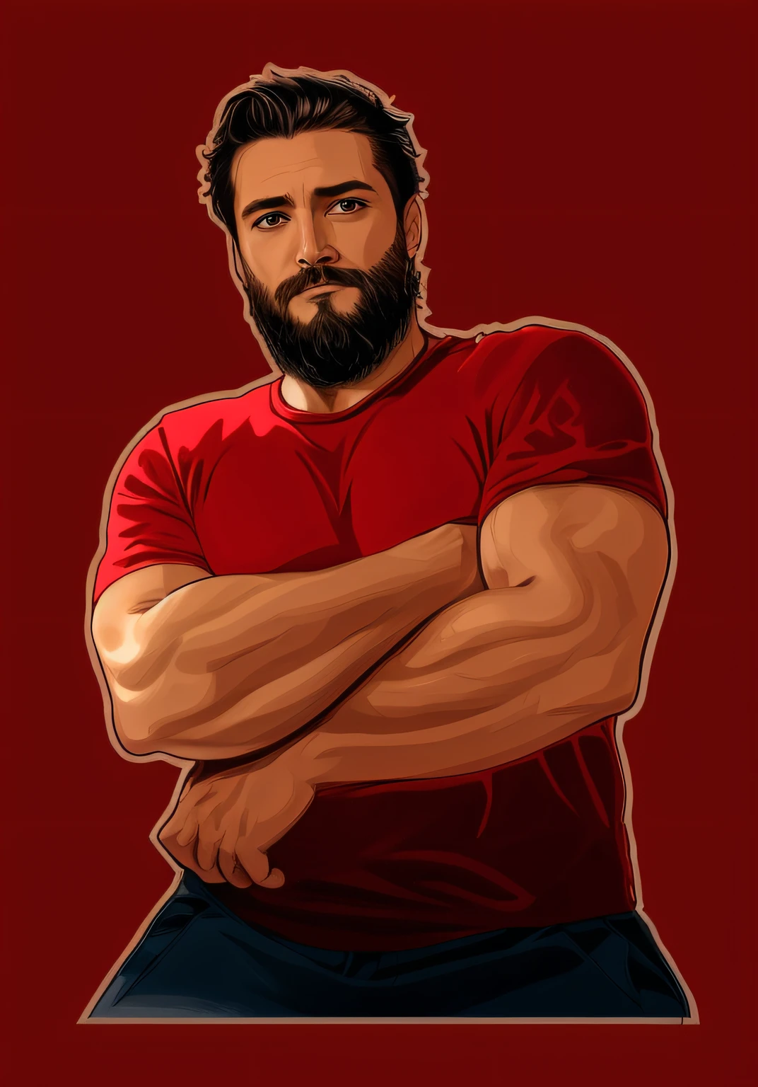 Un primer plano de un hombre con barba y camisa roja, Retrato de personaje de cuerpo completo, Retrato de cuerpo completo del personaje, Retrato de personaje de cuerpo completo, Personaje masculino, Markiplier, carnoso, muscular character, Retrato de cuerpo entero, Arte del personaje masculino humano, Retrato de alta calidad, Con barba Leonidas, pintado digitalmente, Retrato detallado de cuerpo completo, PNG sin comprimir