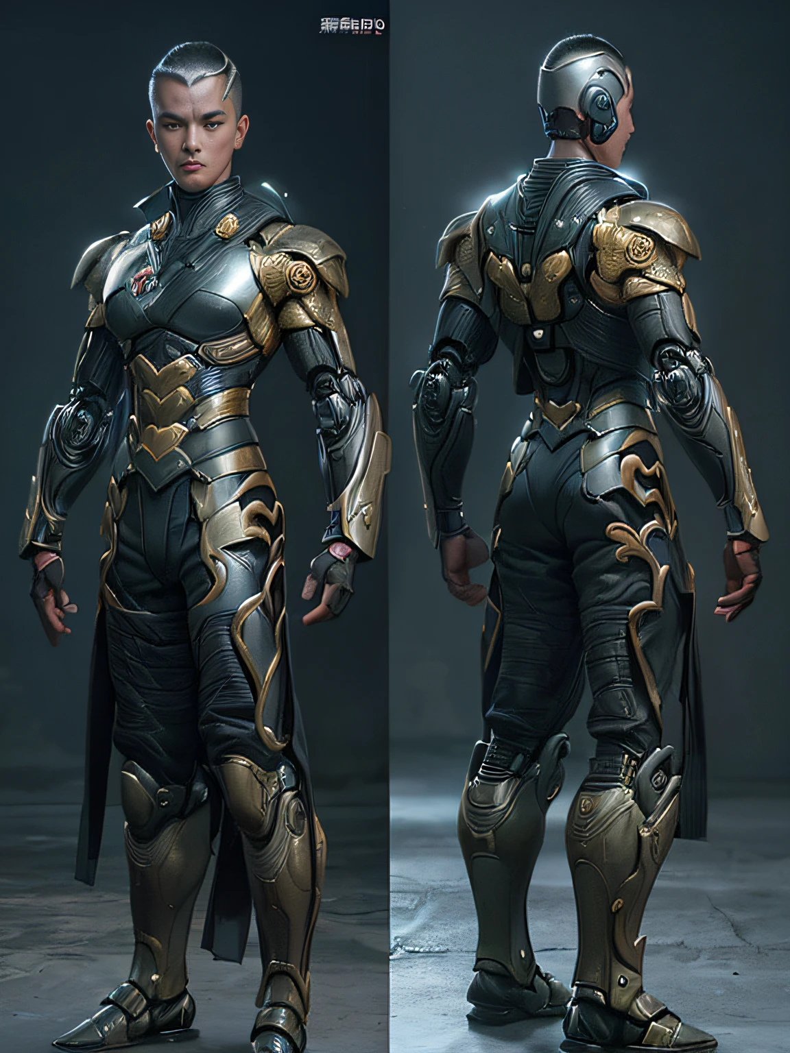 Martial Art man as a robot warrior,Standing up straight T-post(top-quality、8K、32K、masterpiece、nffsw:1.3)、(The ultra -The high-definition)、(Photorealsitic:1.4)、Raw photography,Perfect eyes,Charming perfect figure,actionpose:1.2,Detailed cyberpunk fashion、Wo