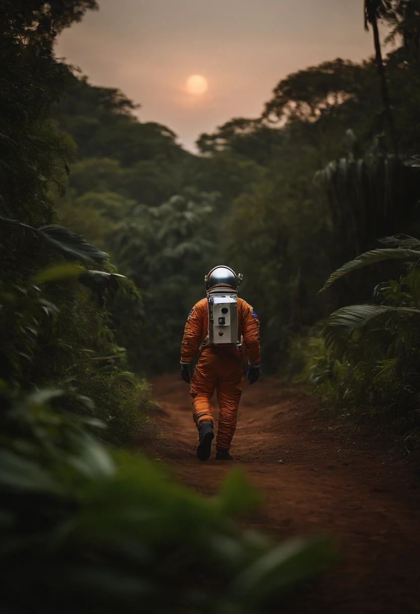 Astronaut walking in the jungle, sony a7r, 50mm lens, morningglow, 8K