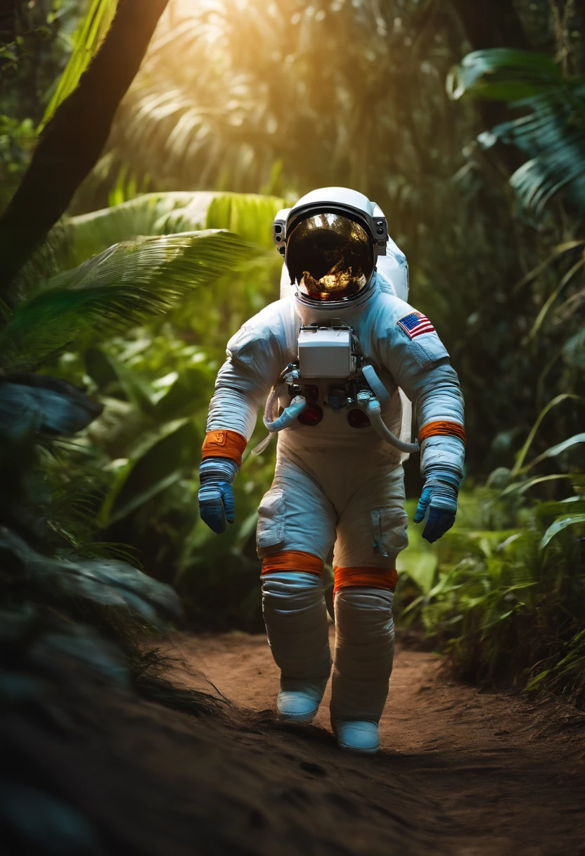 Astronaut walking in the jungle, sony a7r, 50mm lens, morningglow, 8K