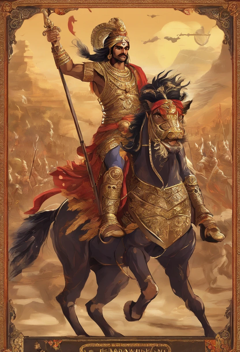 Arjuna, a heroic warrior leading a mighty army, stands in the midst of a fierce battlefield, facing the legendary warriors of the Kuru and Pandava clans. The scene is vivid and historically accurate, set in a time of ancient India. The battlefield stretches as far as the eye can see, with banners fluttering in the wind, chariots clashing, and warriors wielding divine weapons. The atmosphere is charged with tension and honor, as the fate of a kingdom hangs in the balance. Create a detailed and awe-inspiring description of this Mahabharata-style battle scene, capturing the essence of the epic conflict