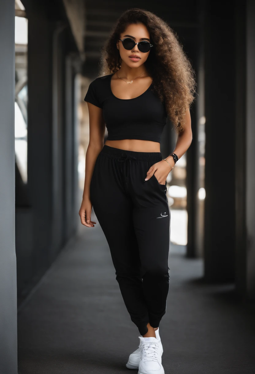 woman, honey skin tone, skinny athlete physique, black slim fit shirt, baggy grey pants, black and white basketball shoes, medium size black glasses, brown eyes, black bracelet, 18 years old