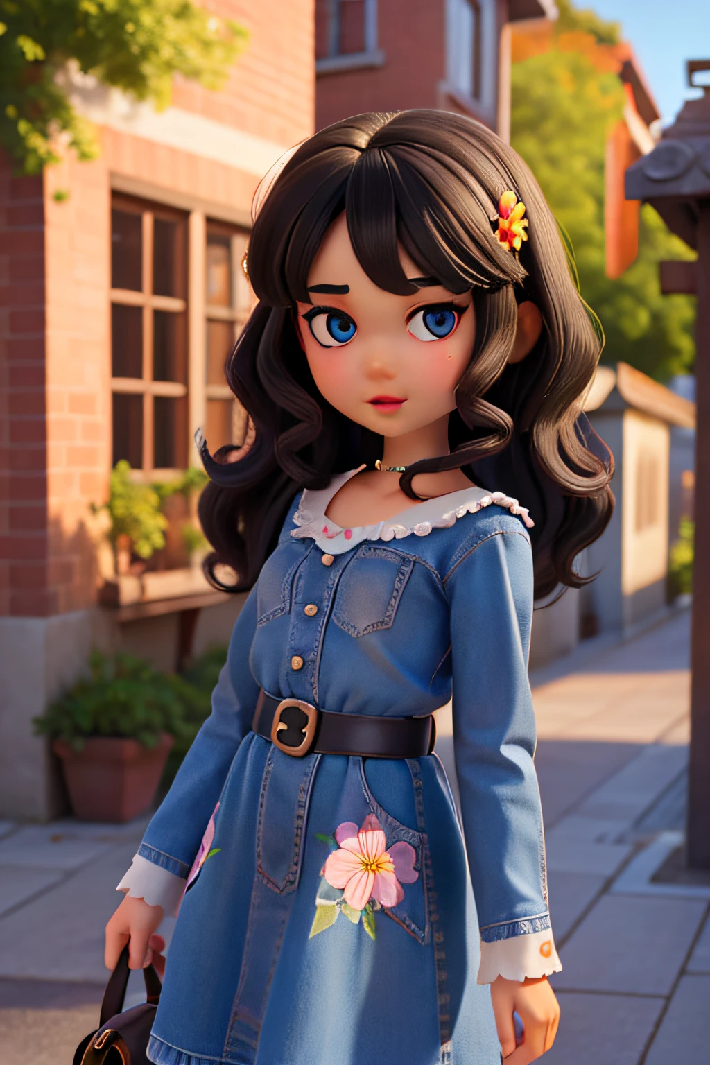 loli  girl, realistic shadows, detailed skin, very small breasts, curly black hair, very detailed, highly detailed 8k face, perfect face shape, perfect full lips, perfect nose, correct beautiful eyes, observant, floral dress, flowers hair, masterpiece, best quality, single, jeans, alone