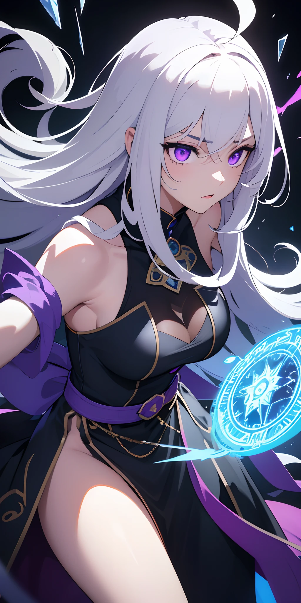 (masterpiece, best quality, ultra-detailed, best shadow), (detailed background,dark fantasy), (beautiful detailed face), high contrast, (best illumination, an extremely delicate and beautiful), ((cinematic light)), colorful, hyper detail, dramatic light, intricate details, (1girl, solo,white hair, sharp face,purple eyes, hair between eyes,dynamic angle), blood splatter, swirling black light around the character, depth of field,black light particles,(broken glass),magic circle,