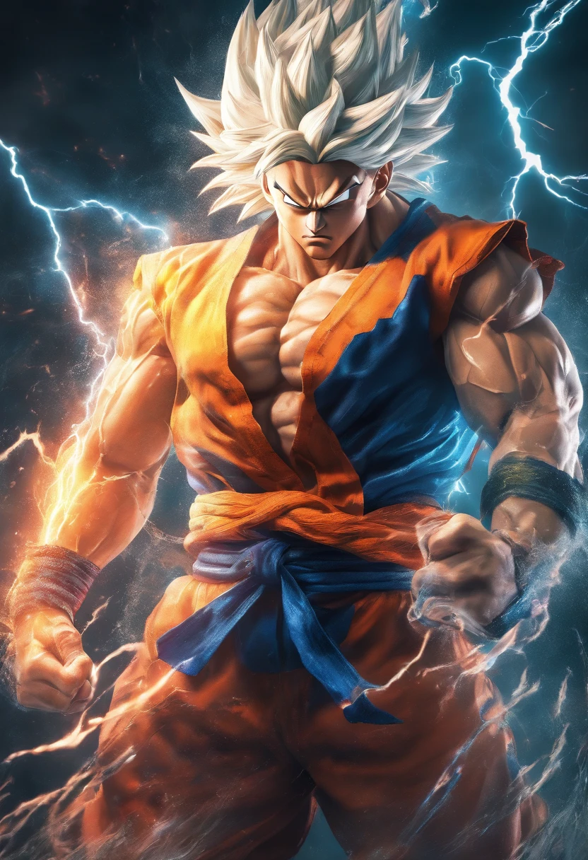 Realistic 3D rendering of Goku Super Saiyan fusion Aquaman, Surrounded by lightning, musculous, Full body photography, Hyperrealistic,White hair