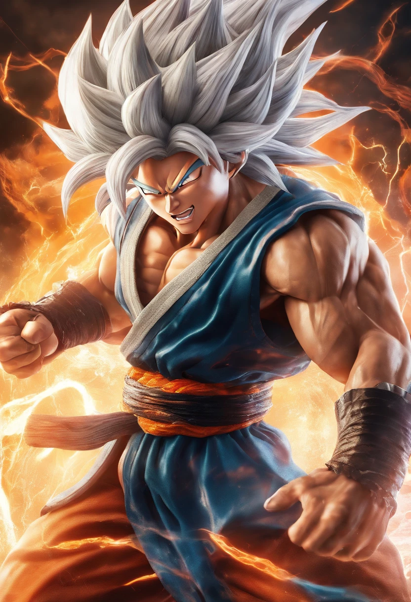 Realistic 3D rendering of Goku Super Saiyan fusion Aquaman, Surrounded by lightning, musculous, Full body photography, Hyperrealistic,White hair