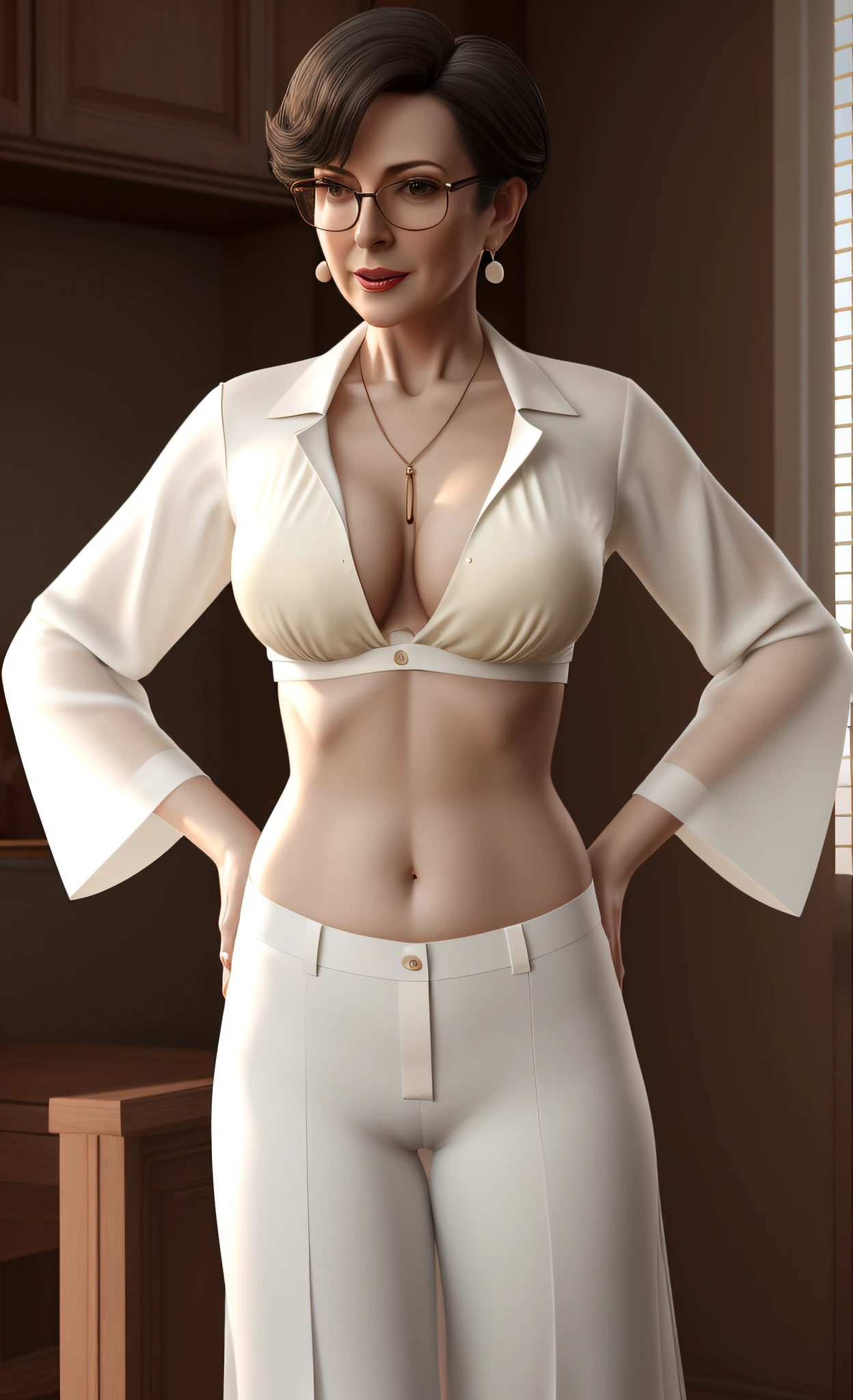 very broad hips , bespectacled very old aged elderly older mature, sultry body with sexy belly, digital art of an elegant, elegant confident pose, a beautiful woman in white, sensual woman, skinny waist and thick hips, white silky outfit, feminine slim figure, elegant seducing pose, model with attractive body, 3 d render of a full female bodythere is a bespectacled older mature cheeky master dame, she wears very unbuttoned and unglued shiny yellow fitted stretch silk skimpy midriff-shirt short-sleeved and very low rise white pants pinned by one only simple ivory cream button , very short French haircut , large and deep drop-shaped navel!
