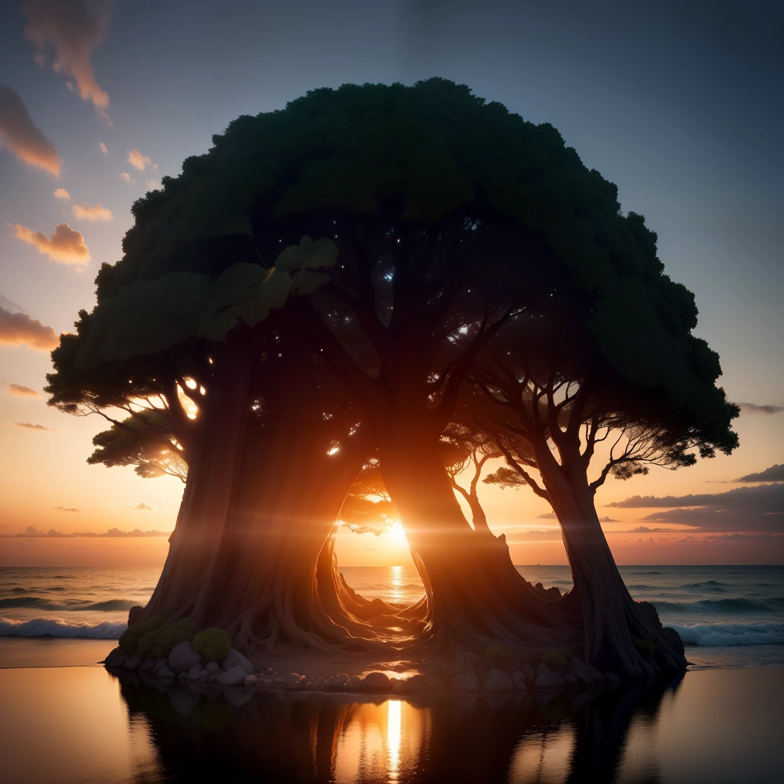 a giant transparent tree through which we see the sea and a sunset , with its details subtly incorporated into the glossy transparent tree, sharp focus, double exposure, (translucent glass figure of a tree) lifeless, earthy colors, intricate design, hyper realistic, high definition, extremely detailed, dark softbox image, raytracing, cinematic, HDR, photorealistic (double exposure:1.1)