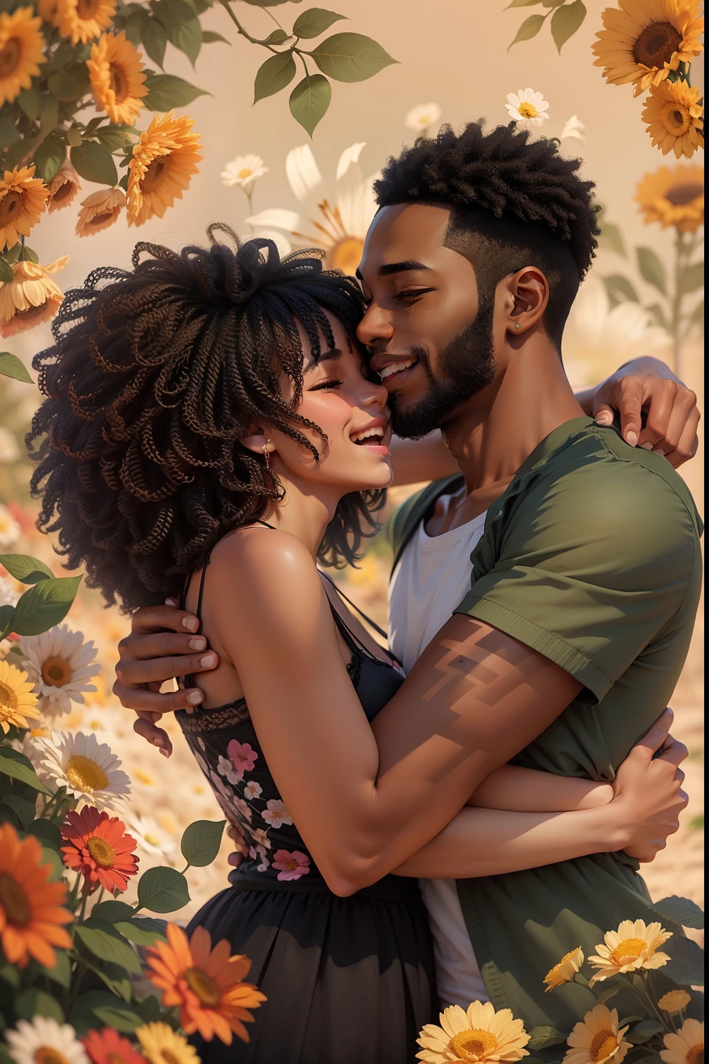 Create a csal of blacks embracing happily the background has to have flowers
