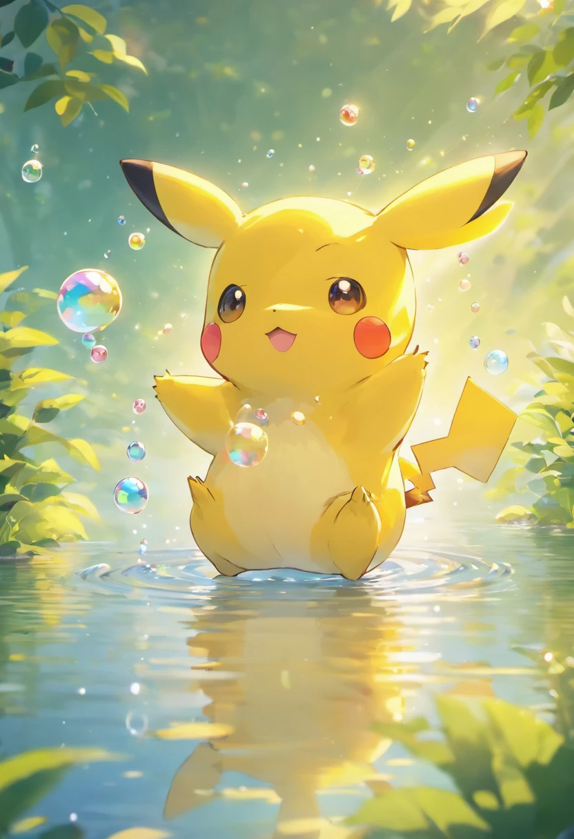 Ultra HD 3D graphics,Showcasing the touching scene of Pikachu making a wish by a tranquil lake. Pikachu, Beautiful rendering details, See gently blowing bubbles into the air, Everyone has hopeful wishes. Bubbles capture the reflection of the setting sun, Create dreams, Magical effect. The overall atmosphere is gentle, Full of hope and tranquility,White Pikachu
