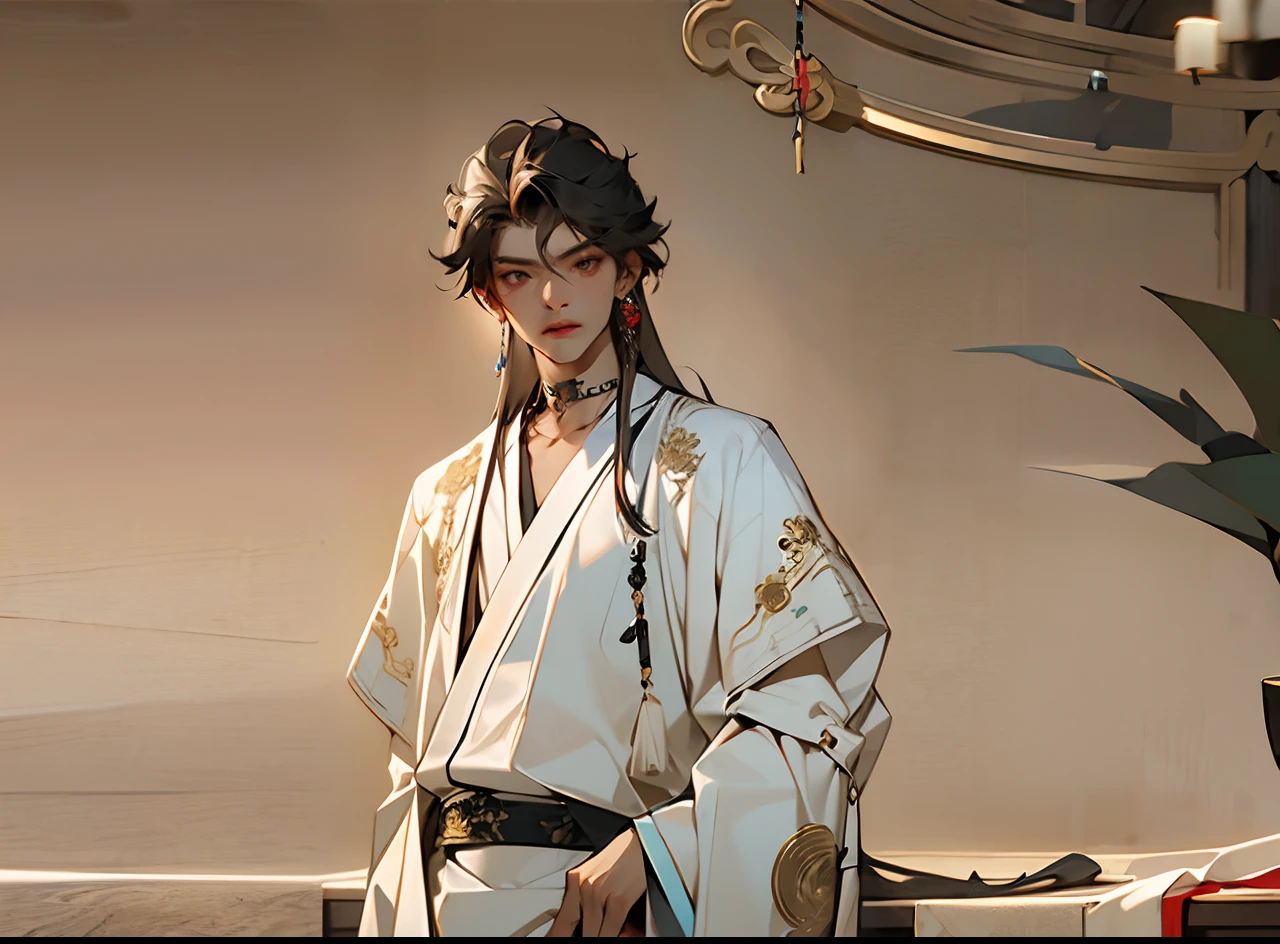 A man in Hanfu,Male,Man,Hanfu,cabelos preto e longos,choker necklace,Earrings,There are silver tattoos on the face,There are embroideries and sequins on the clothes,simplebackground,black-skinned,Dark skin,Open placket,Amber eyes,Golden eyes,Silver ornaments