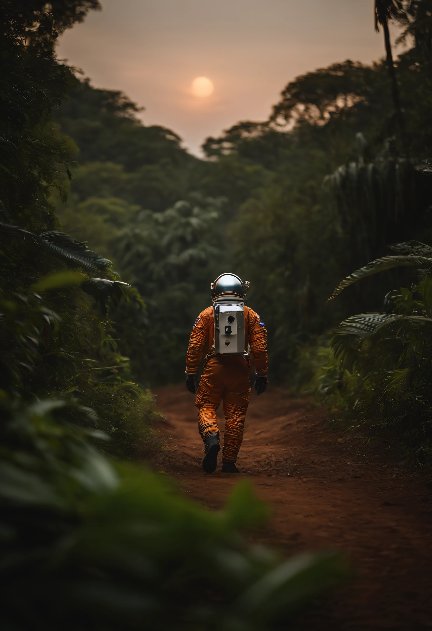 Astronaut walking in the jungle, sony a7r, 50mm lens, morningglow, 8K