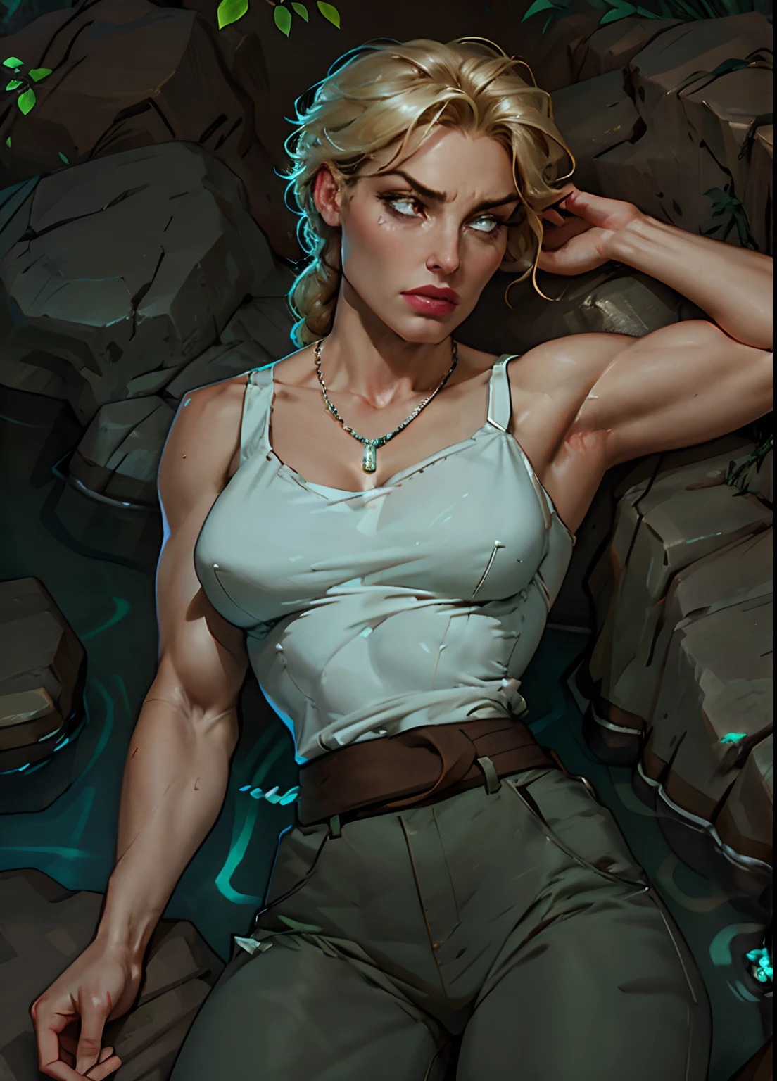1girl, close up of sinclair, braided ponytail, white tank top, large breasts , green pants, belt, night, laying on rocks, back injury, pain expression, hurt, hand on back, laying on side, rocky floor, volumetric lighting, best quality, masterpiece, realistic, birds eye view, less muscular, softer body, glowing crystal necklace