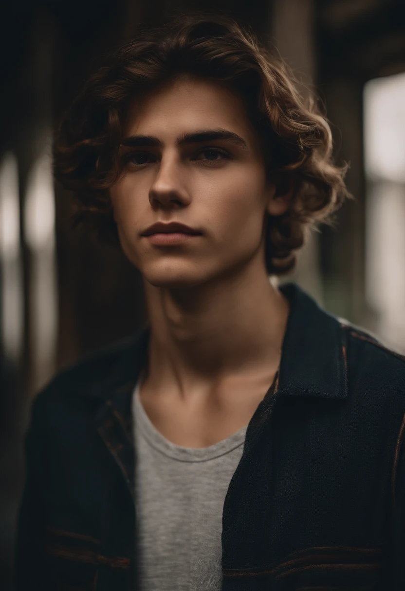 Retrato de um garoto jovem de 18 anos, usando uma roupa estilosa, sem barba, cabelo curto para o lado e liso
