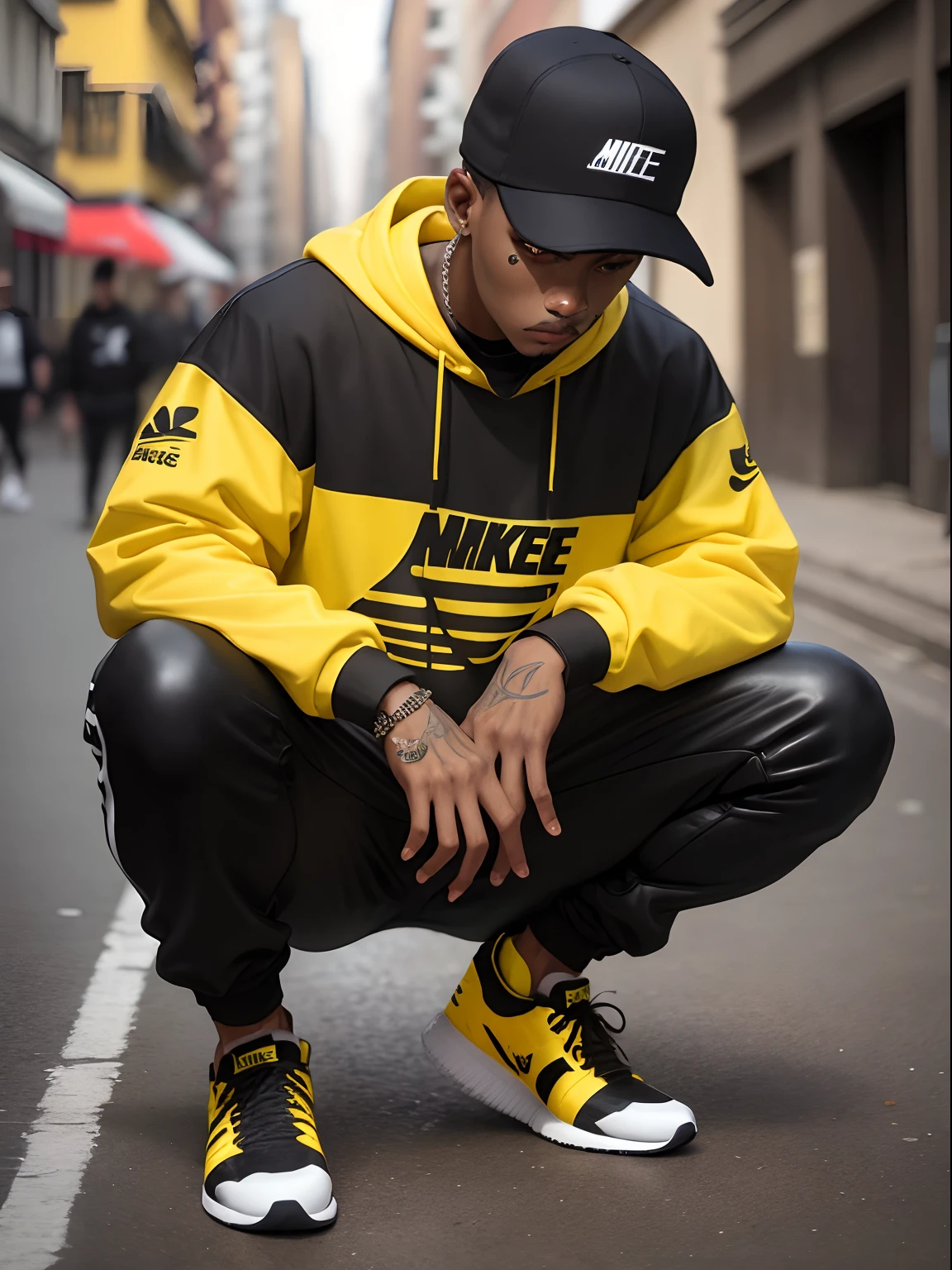 man dark clothes detalhes em amarelo, street wear, nike, supreme, swag, adidas