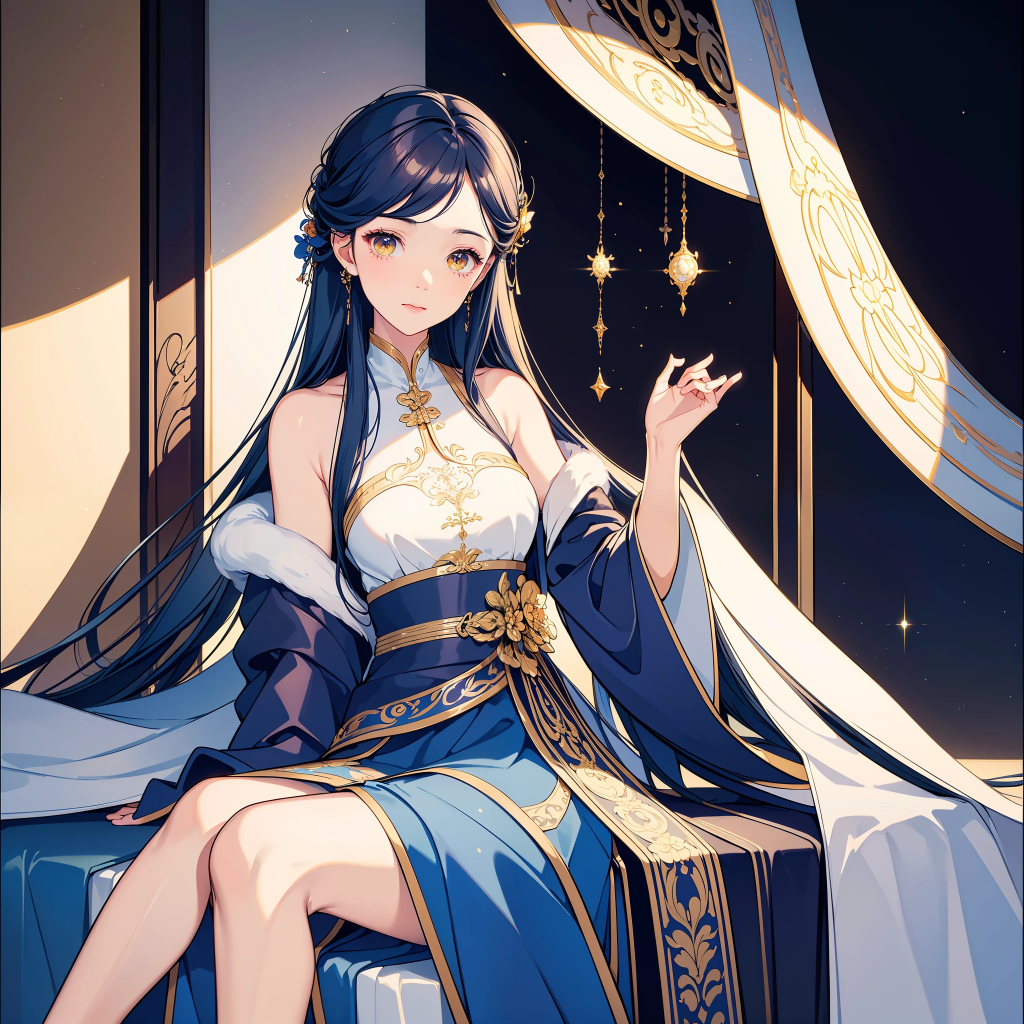 an alone mature girl with long blue and yellow eyes sitting on the bed and spread leg , night, High detail mature face, tie hair on the left side, golden eyes, bare leg, bare shoulder, white noble priest dress, high res, ultra sharp, 8k, masterpiece, smiling, fantasy world, magical radiance background ((Best quality)), ((masterpiece)), 3D, HDR (High Dynamic Range),Ray Tracing, NVIDIA RTX, Super-Resolution, Unreal 5,Subsurface scattering, PBR Texturing, Post-processing, Anisotropic Filtering, Depth-of-field, Maximum clarity and sharpness, Multi-layered textures, Albedo and Specular maps, Surface shading, Accurate simulation of light-material interaction, Perfect proportions, Octane Render, Two-tone lighting, Wide aperture, Low ISO, White balance, Rule of thirds,8K RAW, Aura, masterpiece, best quality, Mysterious expression, magical effects like sparkles or energy, flowing robes or enchanting attire, mechanic creatures or mystical background, rim lighting, side lighting, cinematic light, ultra high res, 8k uhd, film grain, best shadow, delicate, RAW, light particles, detailed skin texture, detailed cloth texture, beautiful face, 
(masterpiece), best quality, expressive eyes, perfect face,