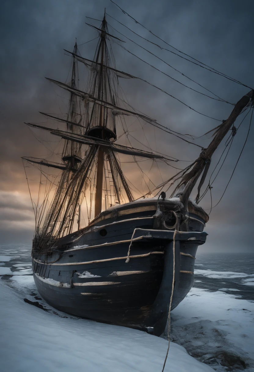 schooner ship crew member,frozen to death,inside the old ship,in the sea,covered in snow,18th century,(oil painting),dramatic lighting,vintage feel,heavy snowfall,abandoned ship,eerie atmosphere,ice-covered sails,winter storm,icy cold ocean,strong winds,frosty breath,frozen fingers,hypothermia,lifeless body,desolate surroundings,nautical tragedy,maritime history,haunting image,lost at sea,isolated,silent winter night,majestic ship,ghostly presence,solitude,harsh conditions. (best quality,4k,8k,highres,masterpiece:1.2),(realistic,photorealistic,photo-realistic:1.37),stark contrast,vivid colors,soft shadows,dramatic composition.