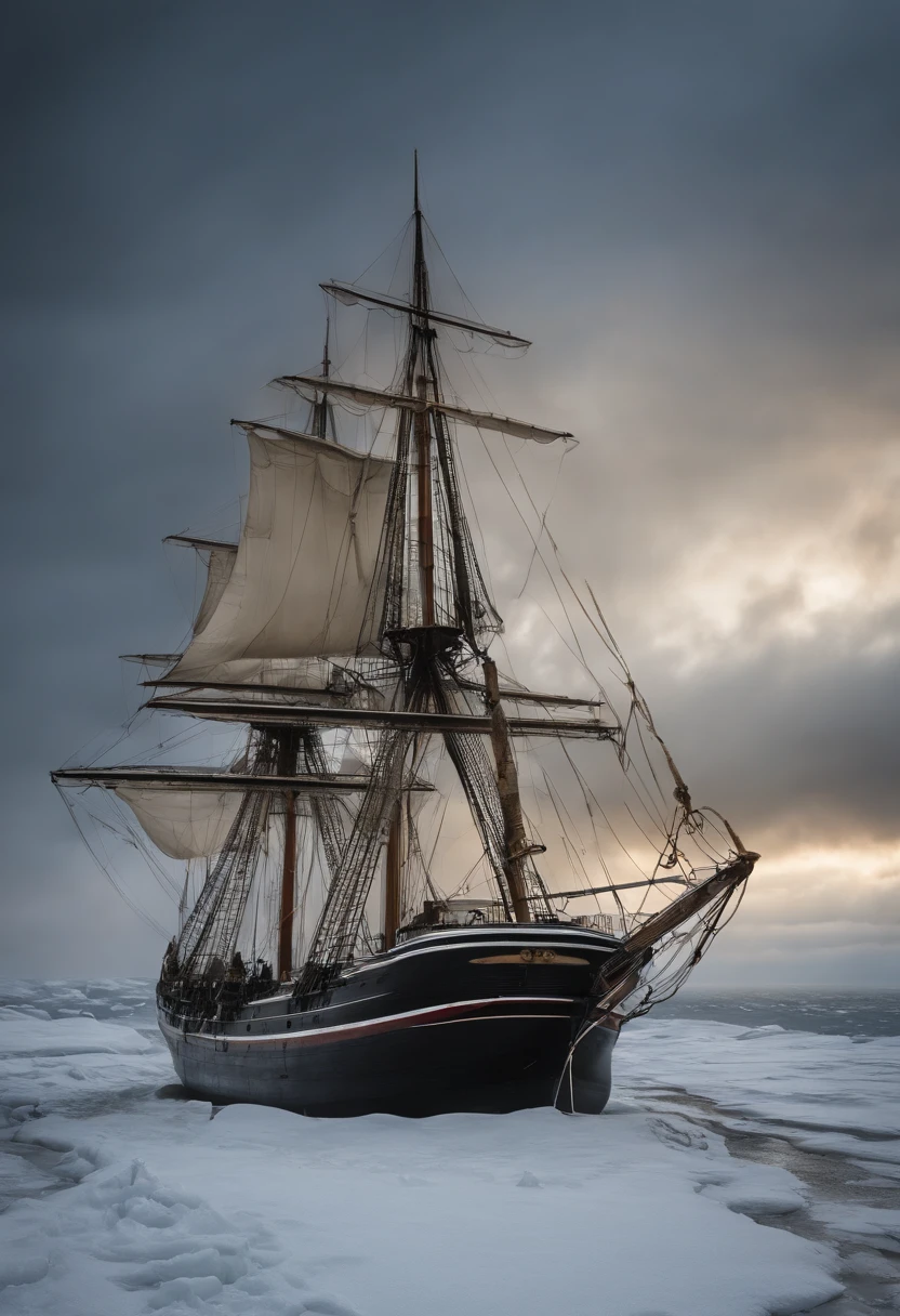 schooner ship crew member,frozen to death,inside the old ship,in the sea,covered in snow,18th century,(oil painting),dramatic lighting,vintage feel,heavy snowfall,abandoned ship,eerie atmosphere,ice-covered sails,winter storm,icy cold ocean,strong winds,frosty breath,frozen fingers,hypothermia,lifeless body,desolate surroundings,nautical tragedy,maritime history,haunting image,lost at sea,isolated,silent winter night,majestic ship,ghostly presence,solitude,harsh conditions. (best quality,4k,8k,highres,masterpiece:1.2),(realistic,photorealistic,photo-realistic:1.37),stark contrast,vivid colors,soft shadows,dramatic composition.