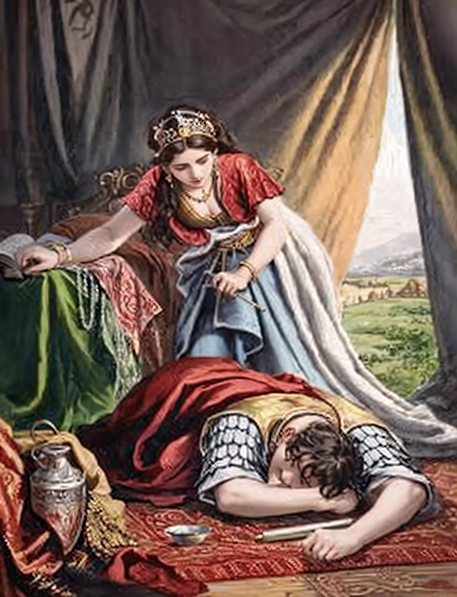 pintura de uma mulher ajoelhada sobre um homem em uma cama, Directed by: Abraham Begeyn, historical artistic depiction, biblical image, obra-prima', bible illustration, [ Coloridos, princesa, Hera, Zenobia, imperatriz, epic biblical representation, Rainha Jezabel, Directed by: Joseph Raphael, atriz, Directed by: Robert Walker Macbeth, beautiful depiction, Directed by: Dosso Dossi