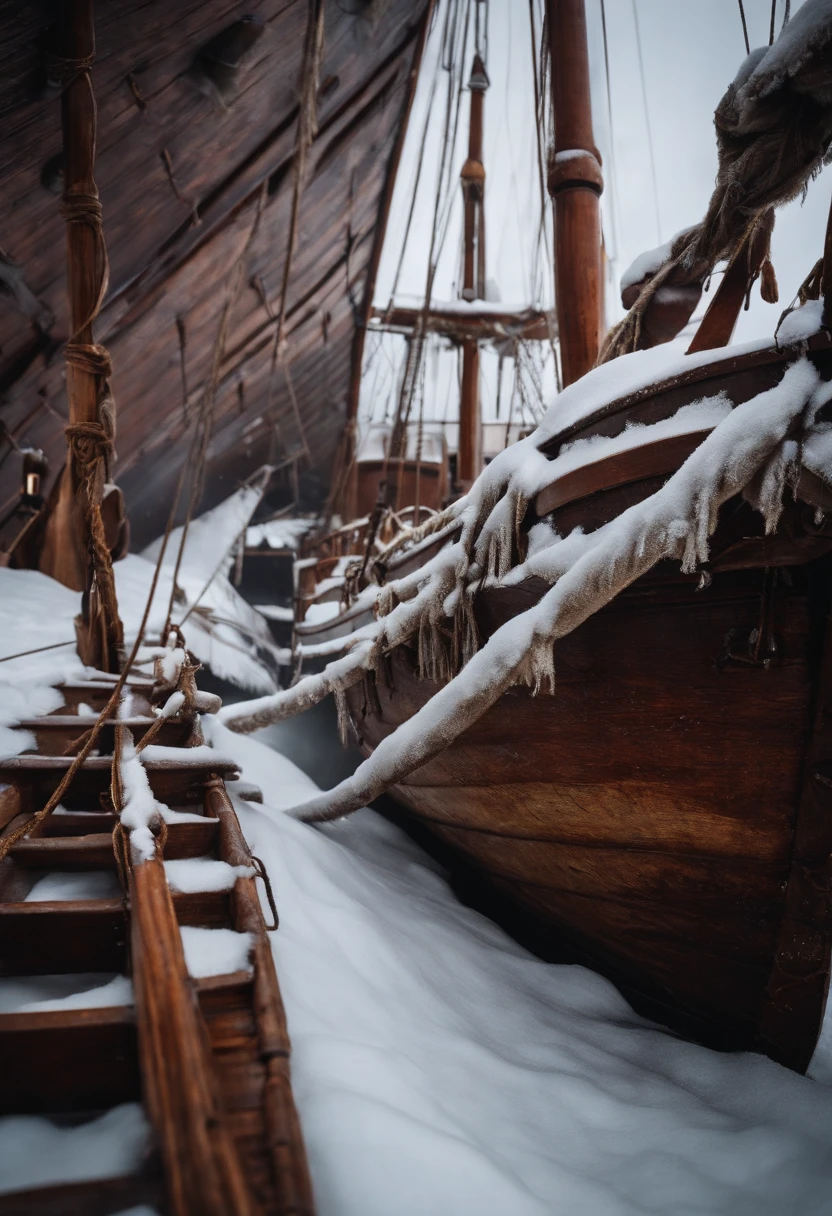 The Schooner ship crew member frozen to death inside the old ship in sea , covered in snow , 18th century