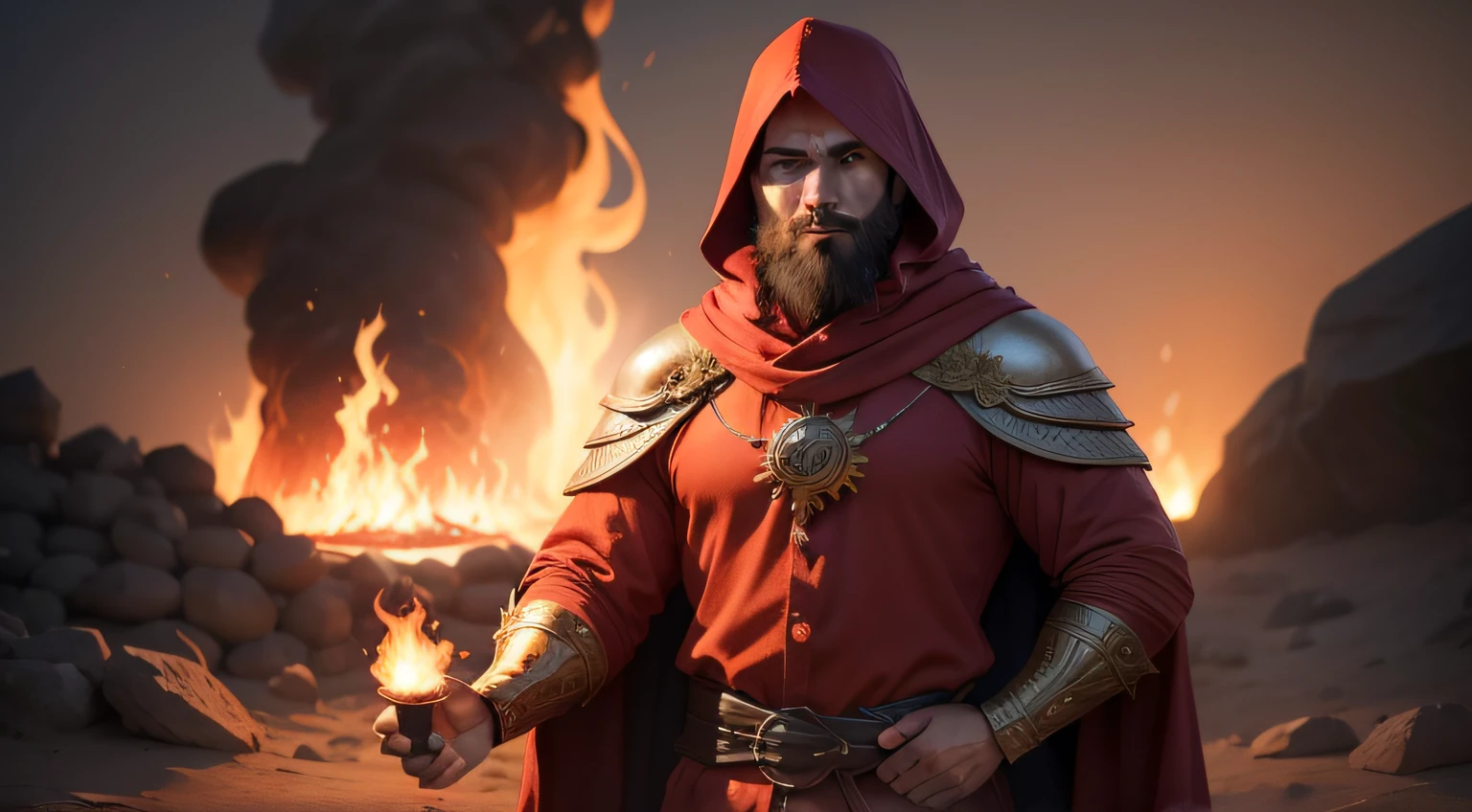 ((melhor qualidade)), ((obra-prima)), Feiticeiro do Fogo, Hands on fire, personagem de D&D, vestido com capa longa Flamejante vermelha, homem adulto bonito.