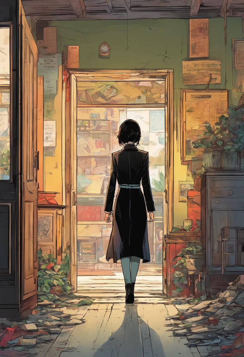 Mikasa Akerman in black suit walking inside an abandoned house, anime, comic, cartoon style
