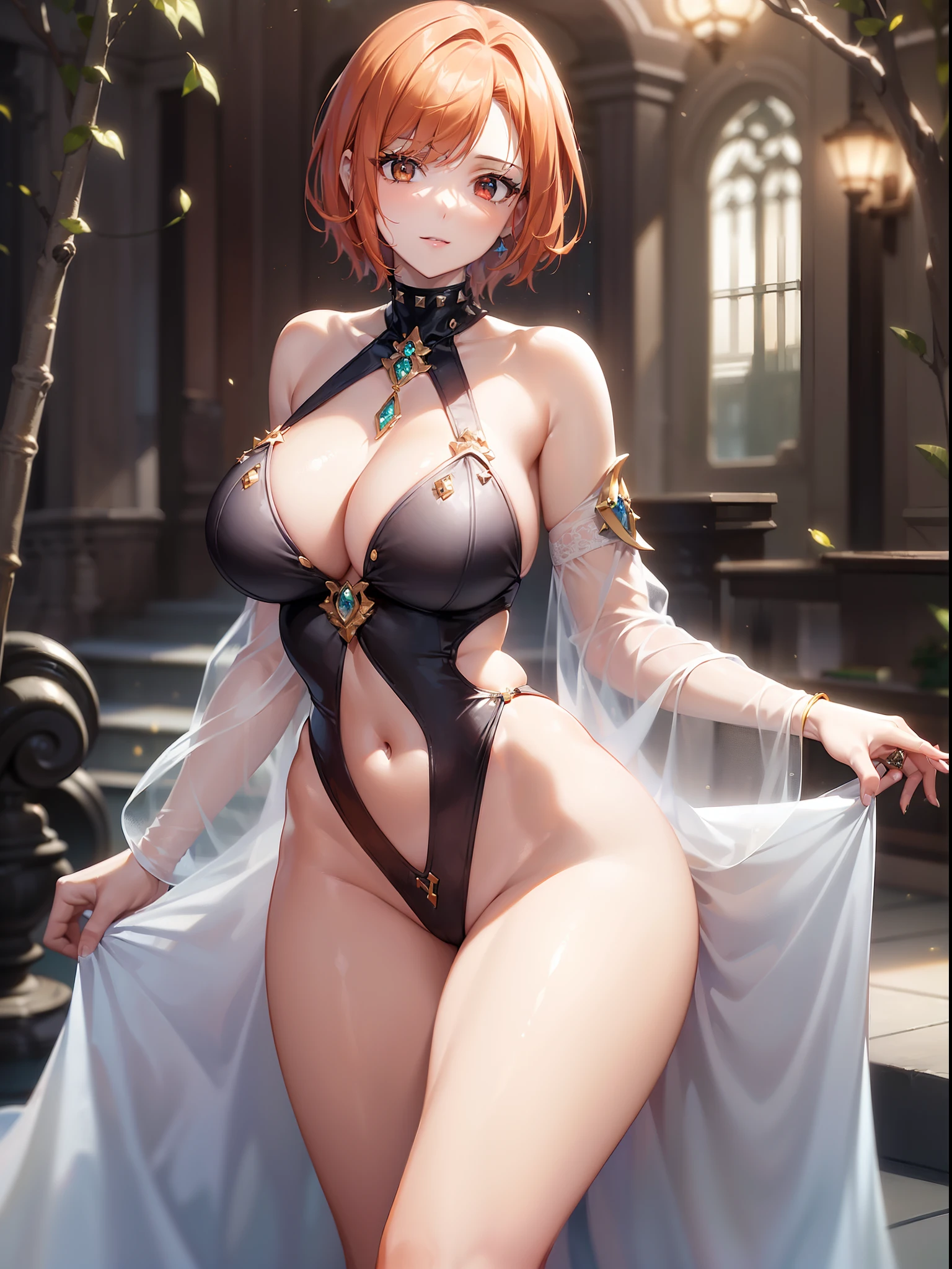 ((masuter piece:1.5)),((Finest quality)),(super precision),32k Anime,Highest level of resolution,natural soft light:1.5,Wind manipulation:1.4,Dramatic,eroticism,((perfect anatomia:1.5)),(Perfect depiction, Unbroken body:1.5),sharpnes:1.3,Clair:1.1,Detailed down to the smallest detail,Phenomenal depiction,Top quality anime,((1 adult female),((Pale orange shorthair)),Colossal tits:1.9,cleavage of the breast:1.5,Slim and well-proportioned body,thin-waist,a navel,Clean face,pretty skin,Bewitching atmosphere,Gentle smile:1.4,(Luxurious beautiful dress with detailed details:1.6,Studded Gemstones,)jewellery:1.3