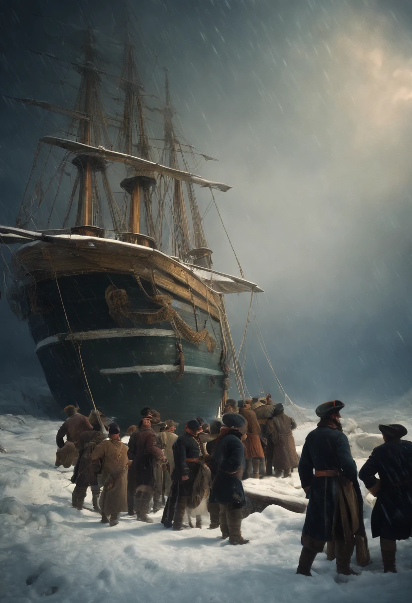 ship crew member , standing men frozen to death inside the old ship in sea , covered in snow , 18th century