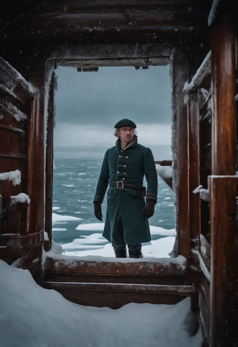 ship crew member , standing men frozen to death inside the old ship in sea , covered in snow , 18th century