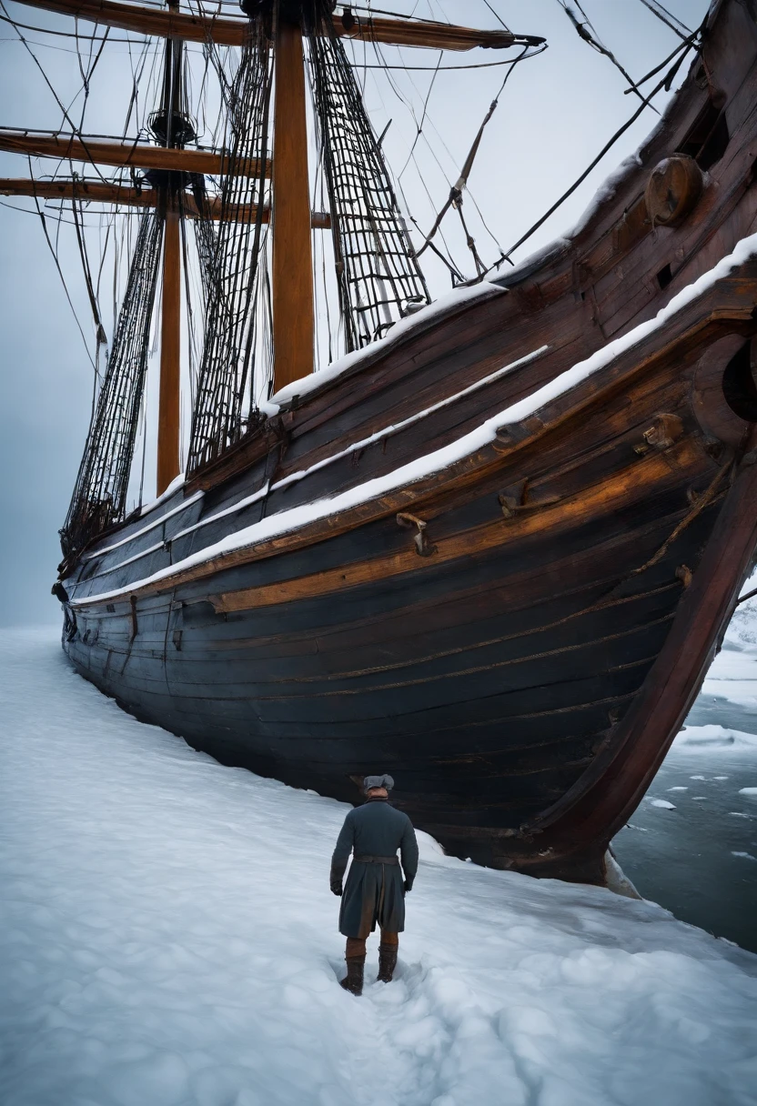 ship crew member , standing men frozen to death inside the old ship in sea , covered in snow , 18th century