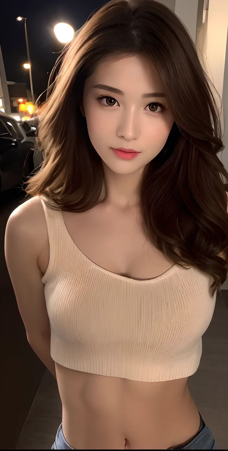 ((Realistic lighting, Best quality, 8K, Masterpiece: 1.3)), Clear focus: 1.2, 1girl, Perfect Figure: 1.4, Slim Abs: 1.1, ((Dark brown hair)), (White crop top: 1.4), (Outdoor, Night: 1.1), City streets, Super fine face, Fine eyes, Double eyelids,