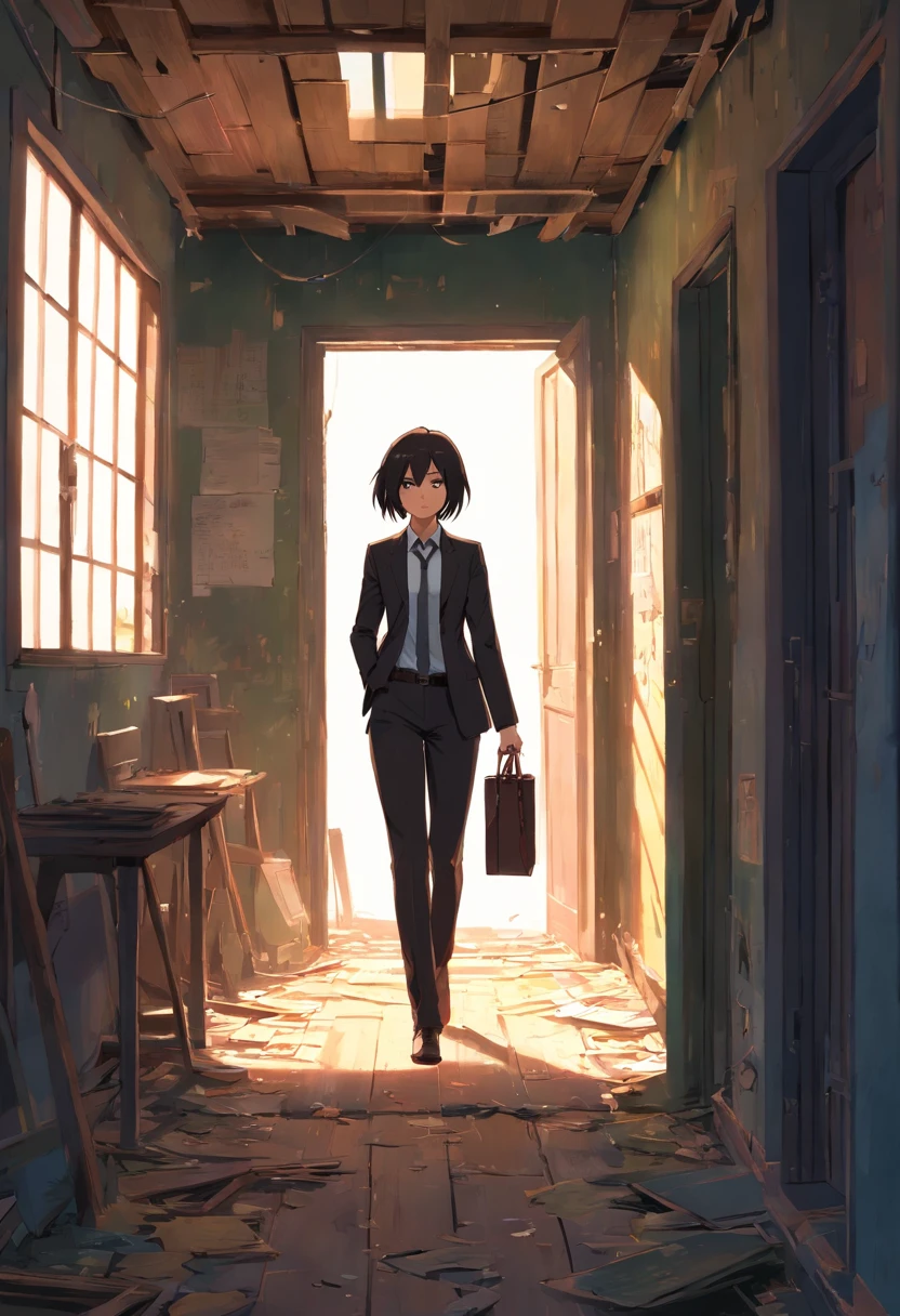 Mikasa Akerman in black suit walking inside an abandoned house, anime, comic, cartoon style
