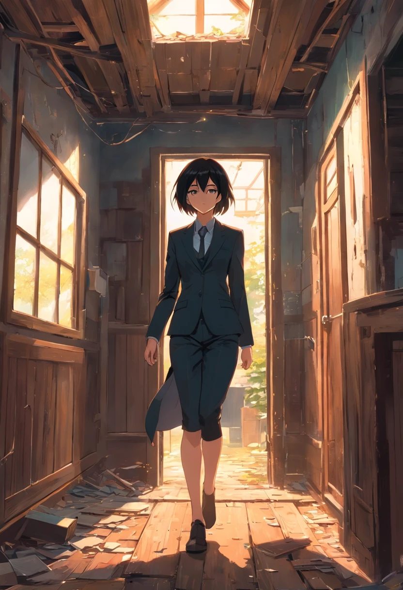 Mikasa Akerman in black suit walking inside an abandoned house, anime, comic, cartoon style