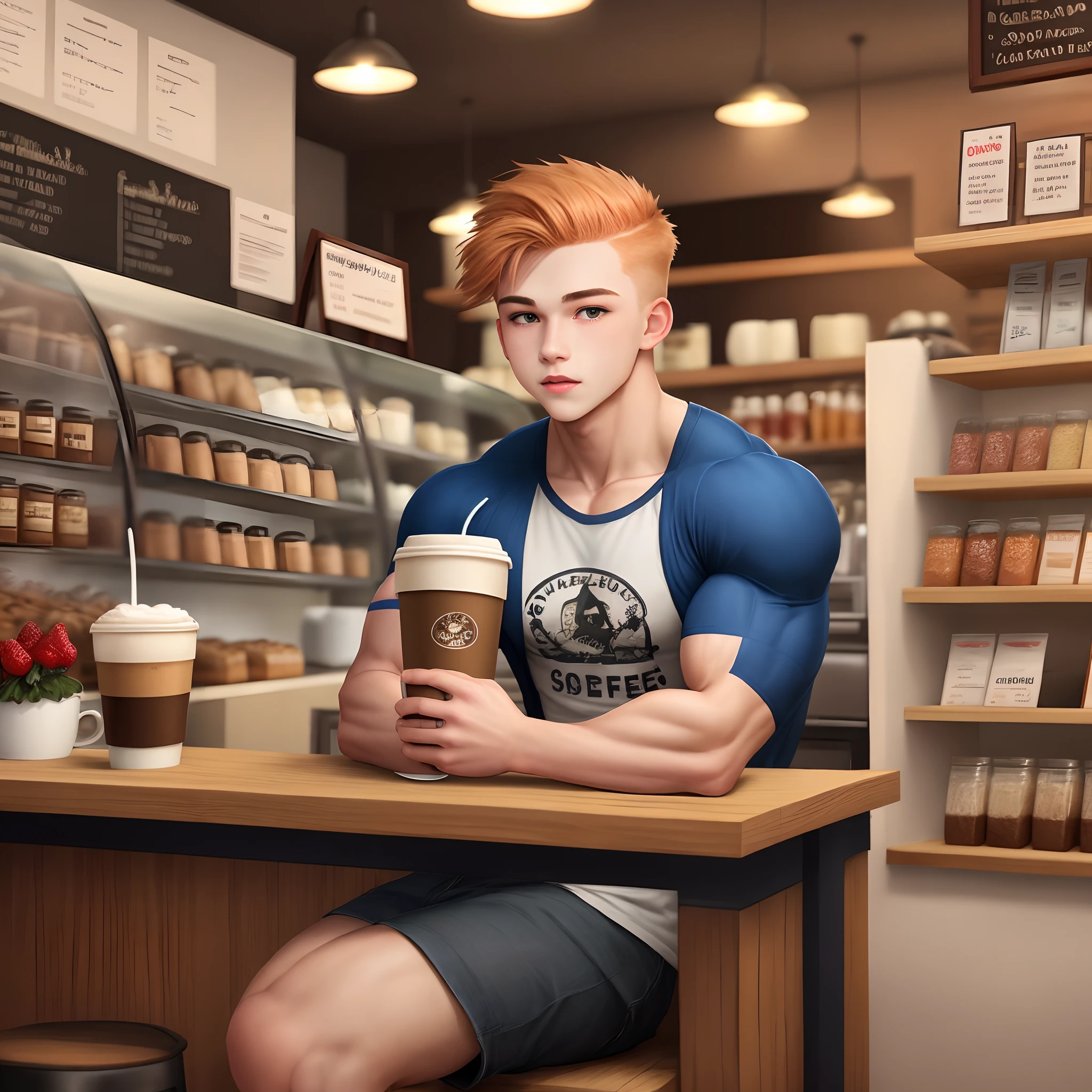 Muscular boy teen with strawberry blonde hair drinking coffee and a coffee shop.