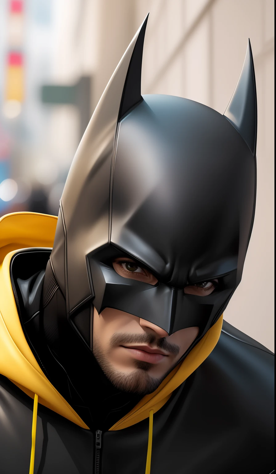 Batman mask on a man with a black and yellow hoodie, Retrato de Batman, Retrato do Batman, Iconic character of high detail, Anigirl Batman, tiro de close-up, Renderizado em 8 K Unreal Engine, foto de retrato detalhada, Fotorrealismo 8K, capuz, close up foto de retrato, detalhes hiper realistas, cinematic close-up of bust, hiperreal altamente detalhado 8 k, dynamic closeup