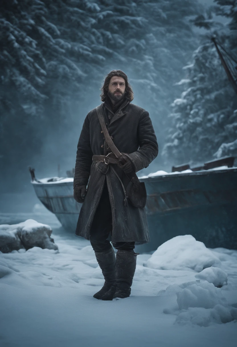 A ship crew member, frozen to death, stands inside an old ship in the sea. The ship is covered in snow, evoking a chilling and desolate atmosphere. The crew member's expression is stoic and solemn, as if frozen in time. The details of his face, including his eyes, nose, and lips, are beautifully detailed, capturing the essence of his struggle in the harsh environment. The medium used to depict this scene is an oil painting, adding depth and texture to the image. The lighting is dim, casting long shadows and enhancing the mysterious and haunting atmosphere. The overall quality of the image is of the highest level, with ultra-detailed features and a realistic touch. The colors are muted and cold, emphasizing the icy nature of the surroundings. The prompt encapsulates the tragic story of this ship crew member and invites Stable Diffusion to bring this scene to life with its advanced image generation capabilities.