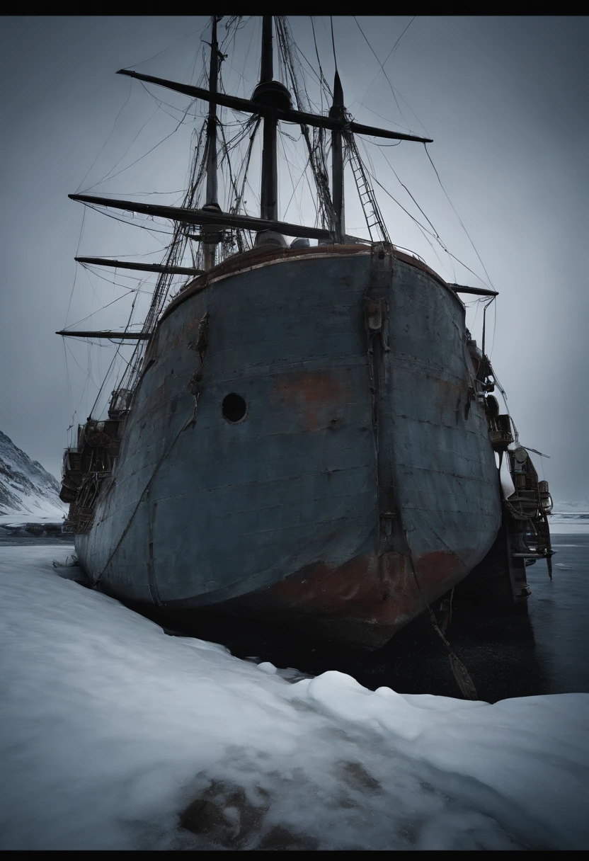 A ship crew member, frozen to death, stands inside an old ship in the sea. The ship is covered in snow, evoking a chilling and desolate atmosphere. The crew member's expression is stoic and solemn, as if frozen in time. The details of his face, including his eyes, nose, and lips, are beautifully detailed, capturing the essence of his struggle in the harsh environment. The medium used to depict this scene is an oil painting, adding depth and texture to the image. The lighting is dim, casting long shadows and enhancing the mysterious and haunting atmosphere. The overall quality of the image is of the highest level, with ultra-detailed features and a realistic touch. The colors are muted and cold, emphasizing the icy nature of the surroundings. The prompt encapsulates the tragic story of this ship crew member and invites Stable Diffusion to bring this scene to life with its advanced image generation capabilities.
