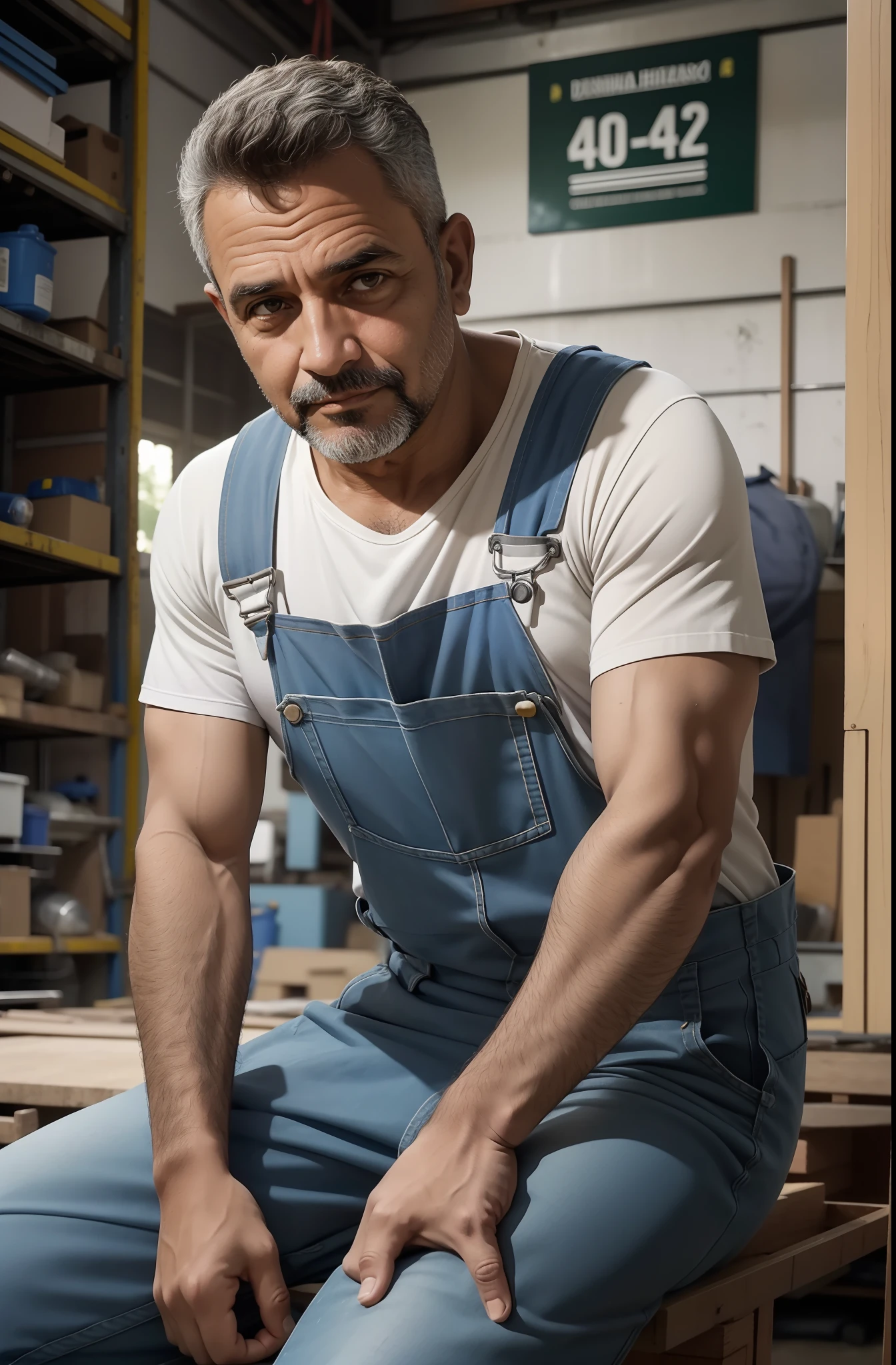 Treinador brasileiro, 40 anos, wearing overalls in the workshop, rosto detalhado, perfect hands, vista frontal, profundidade de campo, Vibrando, in another position
