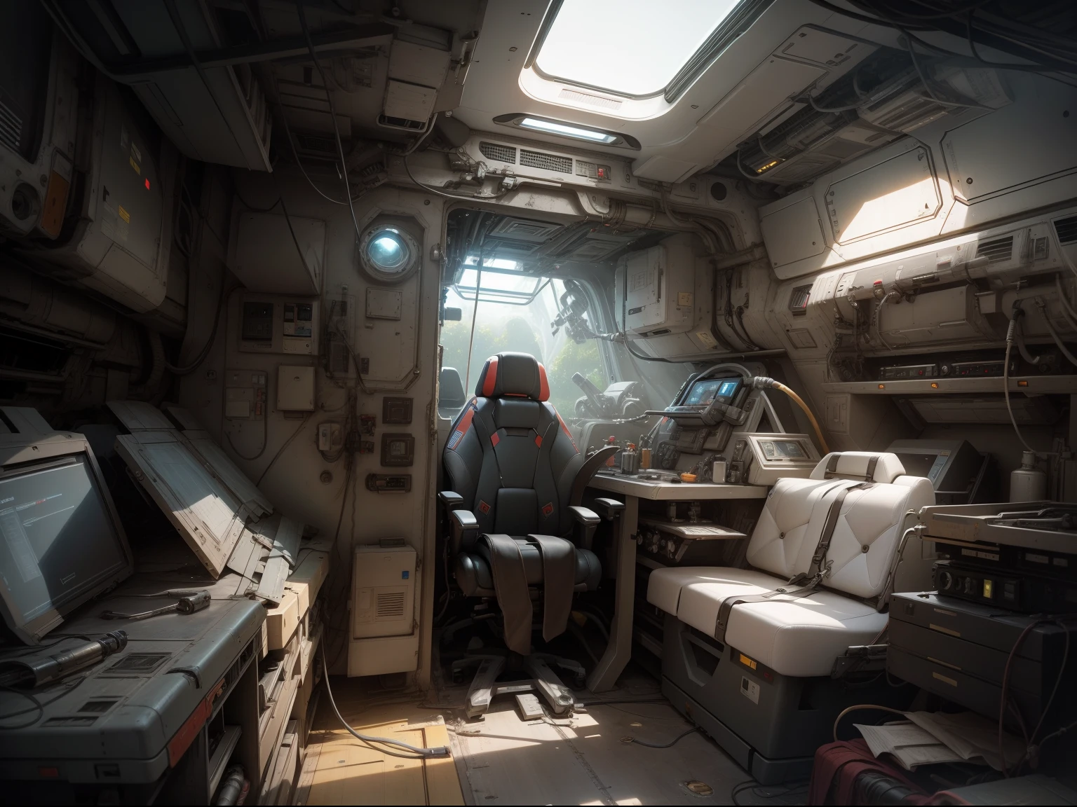 science fiction starship interior, cluttered, post apocalyptic