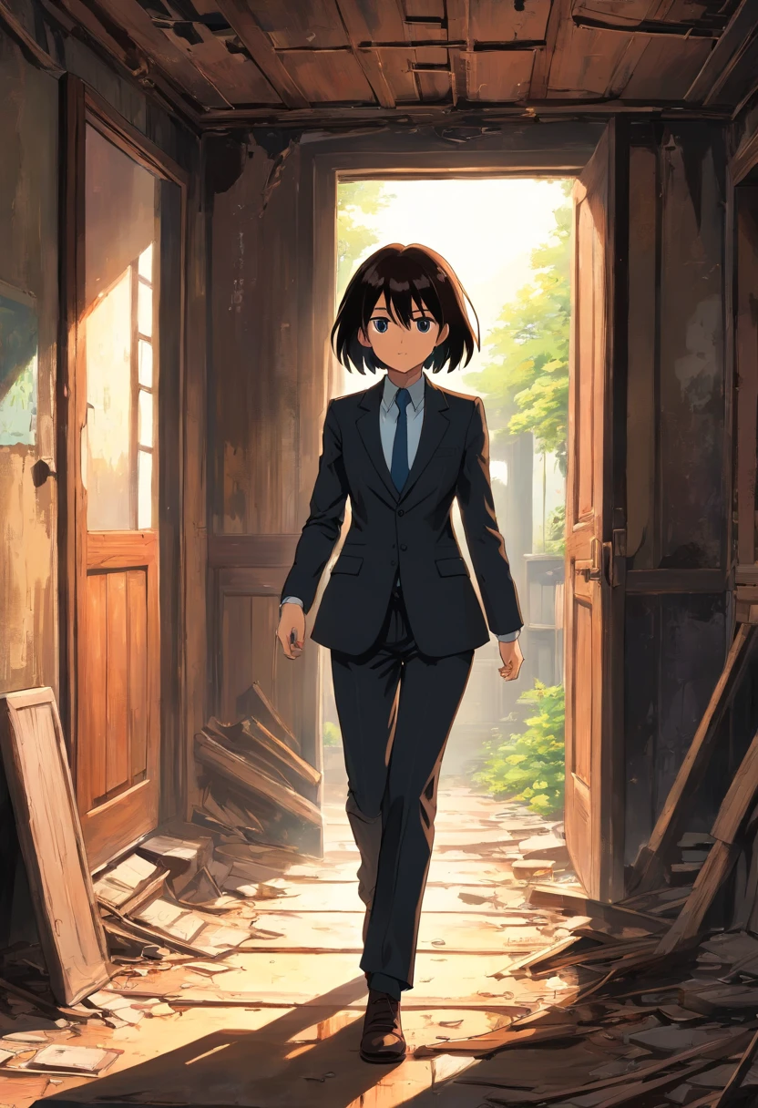 Mikasa Akerman in black suit walking inside an abandoned house, anime, comic, cartoon style