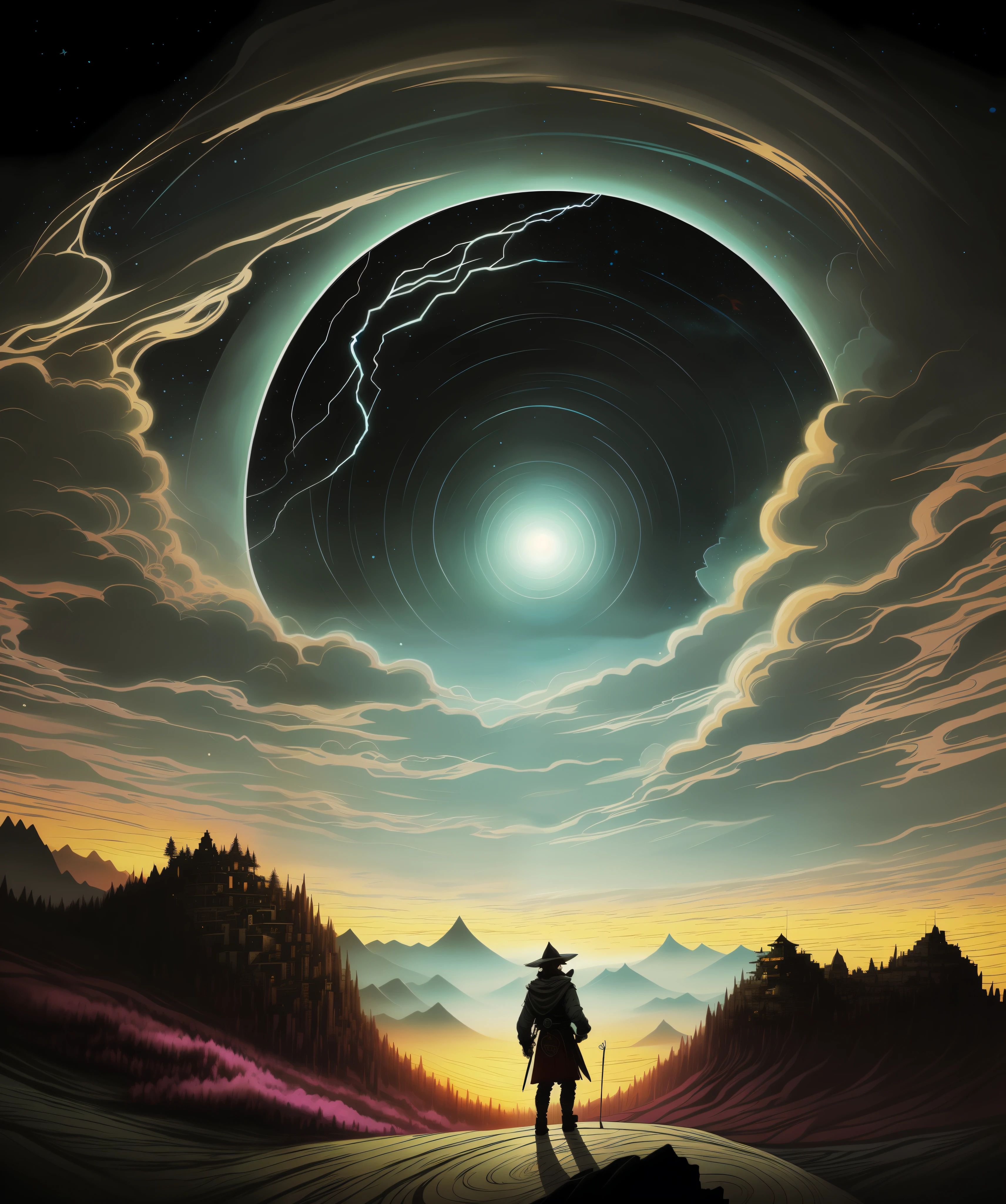 Hanfu people standing on the mountain, The surrounding clouds are divided into a path,A translucent gas swirled around his body,Knife in hand,Cut into the sky,Space in the sky cracked,Shaped like an eye,The earth is in the middle of the hole,Ocean City conceptual art, Fantasy art, Cyril Rolando, Anime epic artwork,fractal thunder dan mumford, Dan Mumford and Alex Gray style, in the style dan mumford artwork, Dan Mumford's art style, el bosco and dan mumford, inspired by Dan Mumford, dan mumford and albert bierstadt, painting by dan mumford, dan mumford paint, cosmic lsd poster art