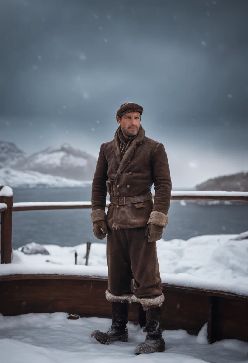 Frozen men , standing on deck , completely covered in snow ,