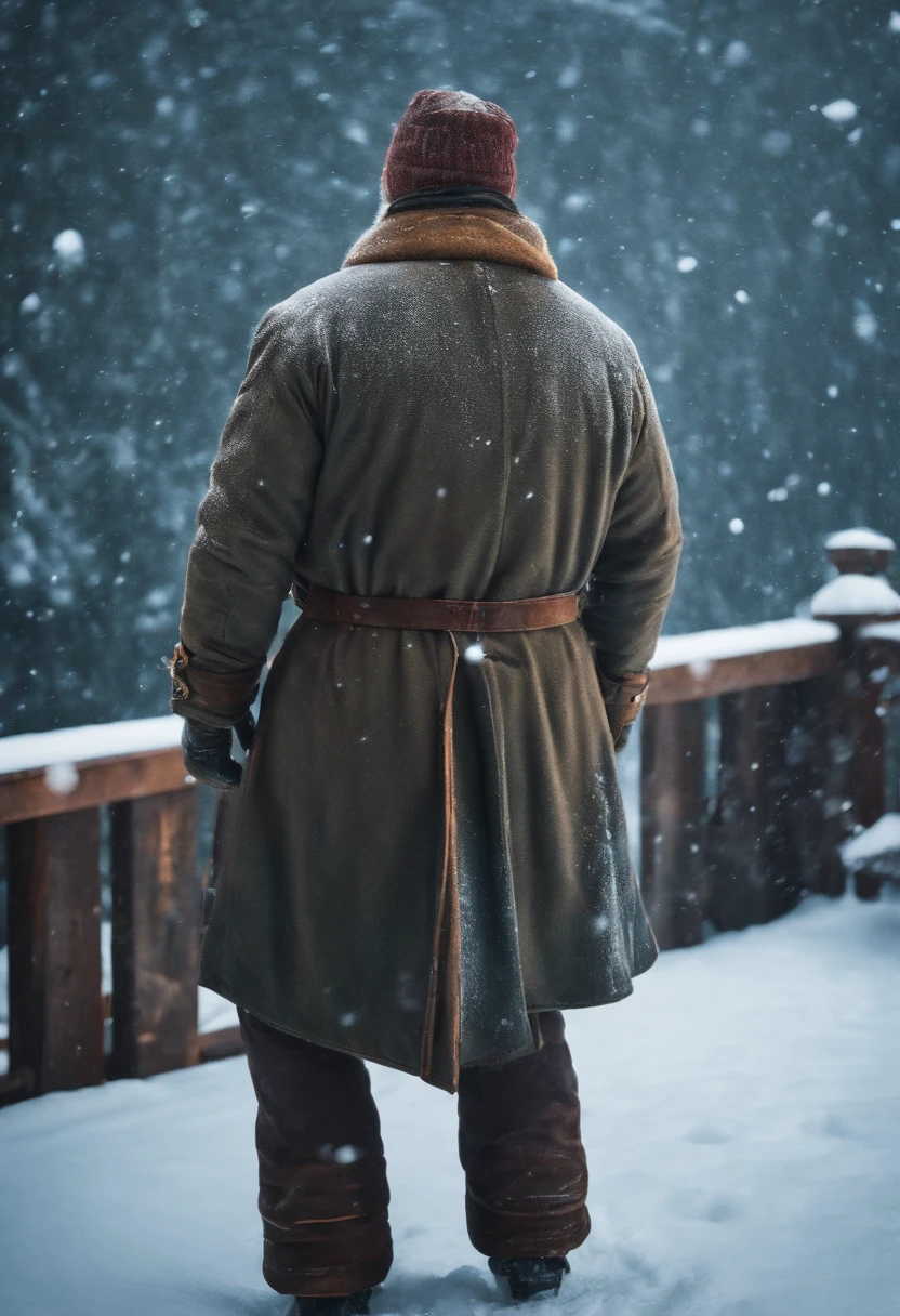 Frozen men , standing on deck , completely covered in snow ,