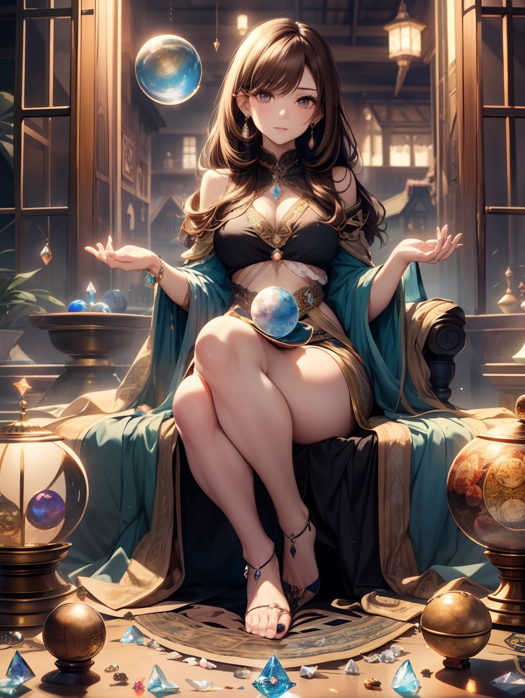 Best Quality, masutepiece, beautiful mature women、Beautiful face、Strong-minded woman、fortune teller、brown haired、Brown-eyed、Longhaire、Undersized eyes、(((Holding a crystal ball)))、(((House of fortune telling)))、Full body like、1 crystal