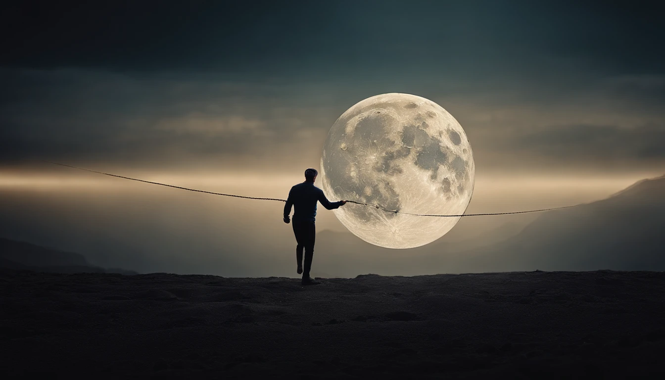 A man on the earth and pull the moon with the help rope
