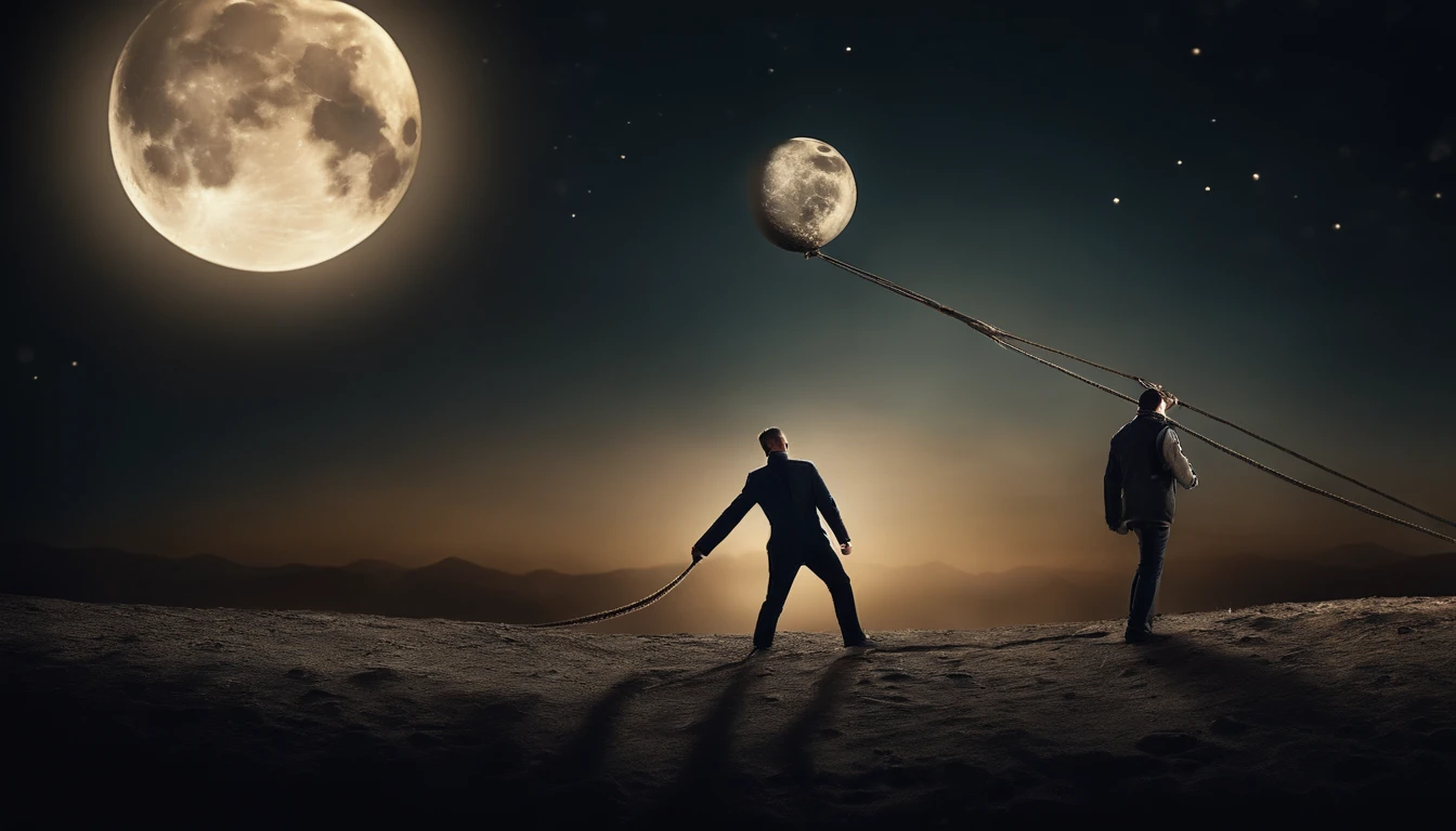 A man on the earth and pull the moon with the help rope