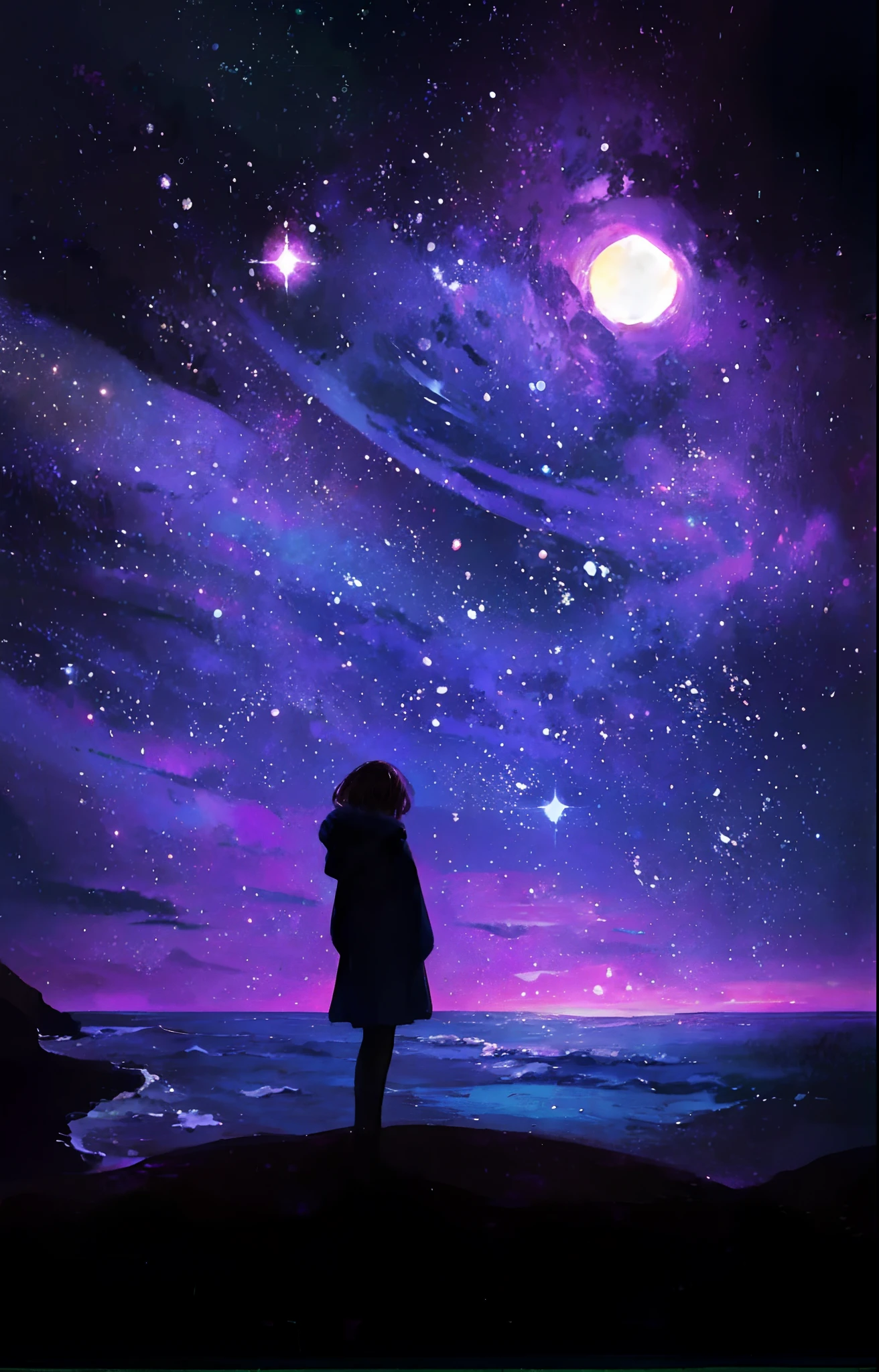 a painting of a fairy standing on a beach looking at the stars, Olhando para o cosmos, lost in the immensity of space, Cosmic Purple Space!, purplish space in background, with the sky full of stars, on a galaxy looking background, girl looks at the space, " Femme on a Galactic Coast, ☁🌪🌙👩🏾