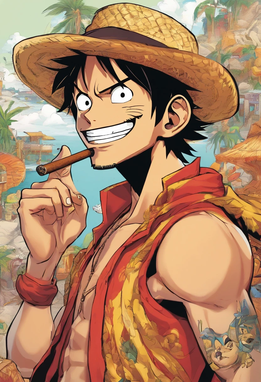 Luffy waving at the camera, with a cigar in his mouth