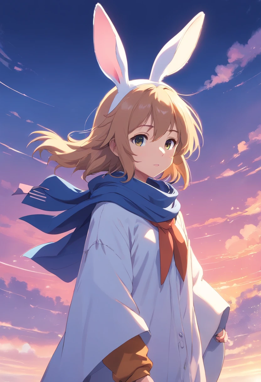 There is a cartoon rabbit wearing a cloak and scarf, Anthropomorphic bunny, rabbt_Character, cute anthropomorphic bunny, Warrior rabbit, Rabbit with helmet and sword, lapin, electrixbunny, the white rabbit, the rabbit has pink fur, the white rabbit, lapin_bunny, Cover that shines in the wind, rabbit robot