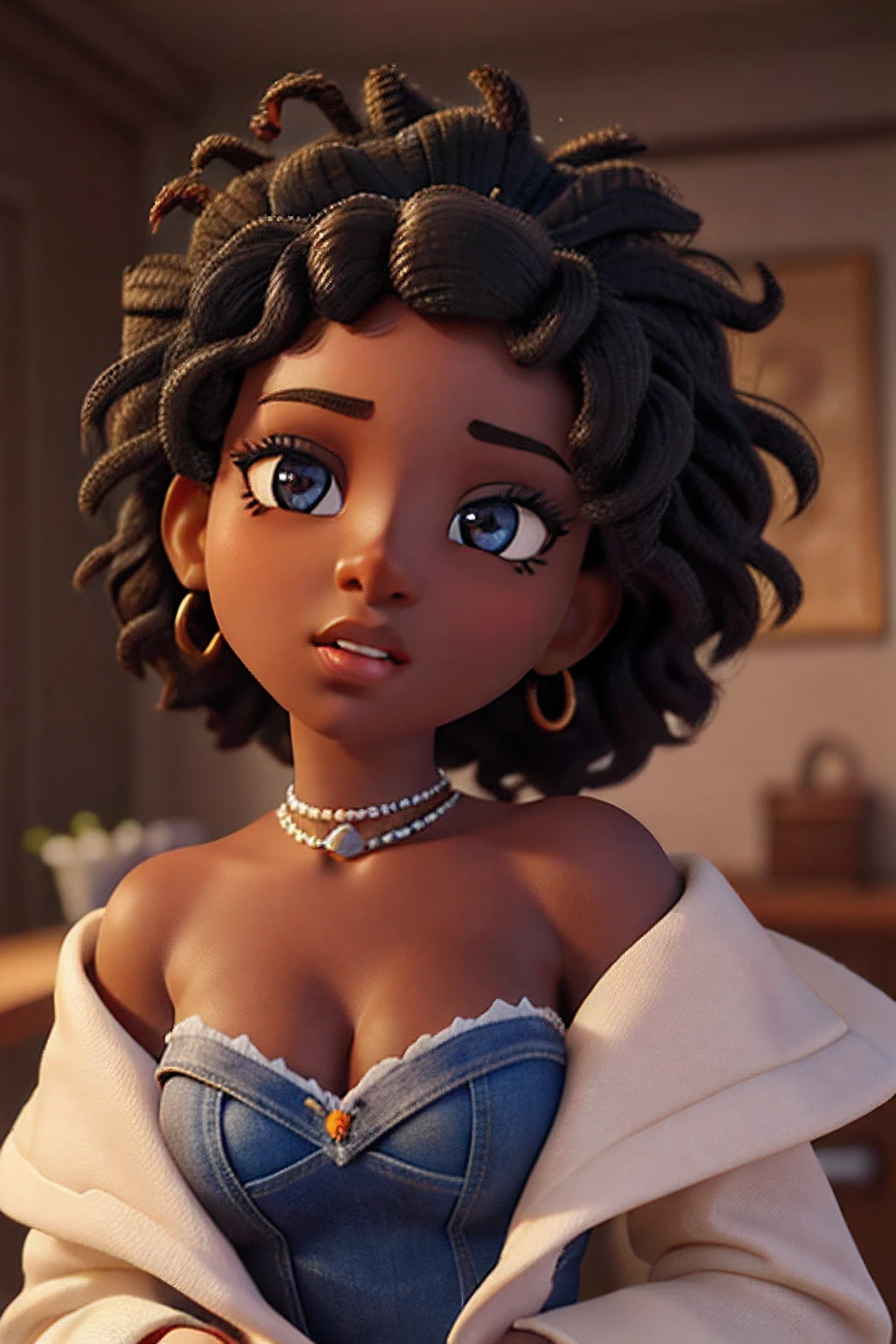 black woman, big curly hair, septum piercing, short white shirt, breast piercing, short white skirt, in a club